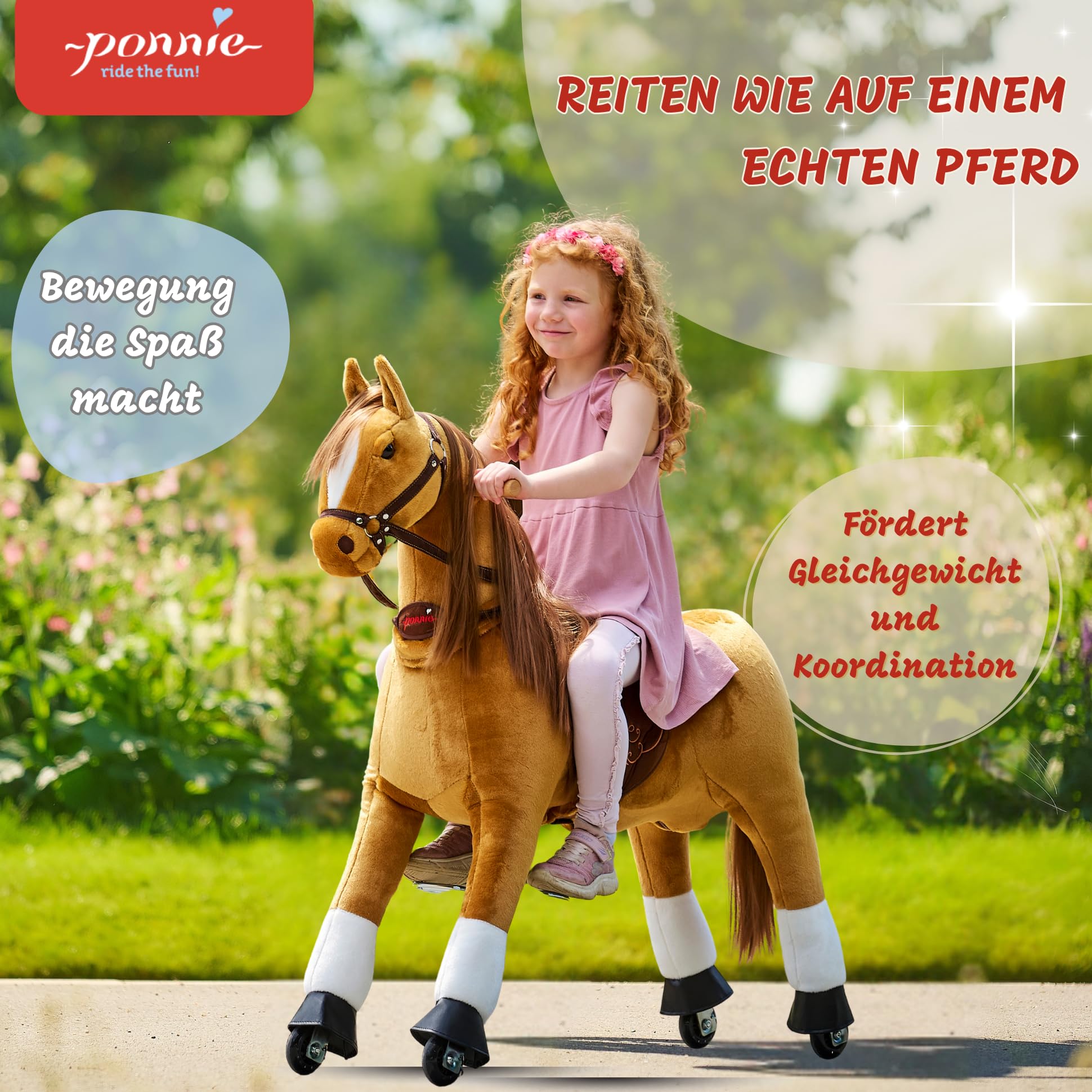Nosidełko dla dzieci, fantazyjny koń na rolce, M (5-12 lat), mechaniczny pluszowy koń do jazdy, nosidełko dla dzieci ze zdejmowanym siodłem, z kołnierzem, grzywą i ogonem do stylizacji