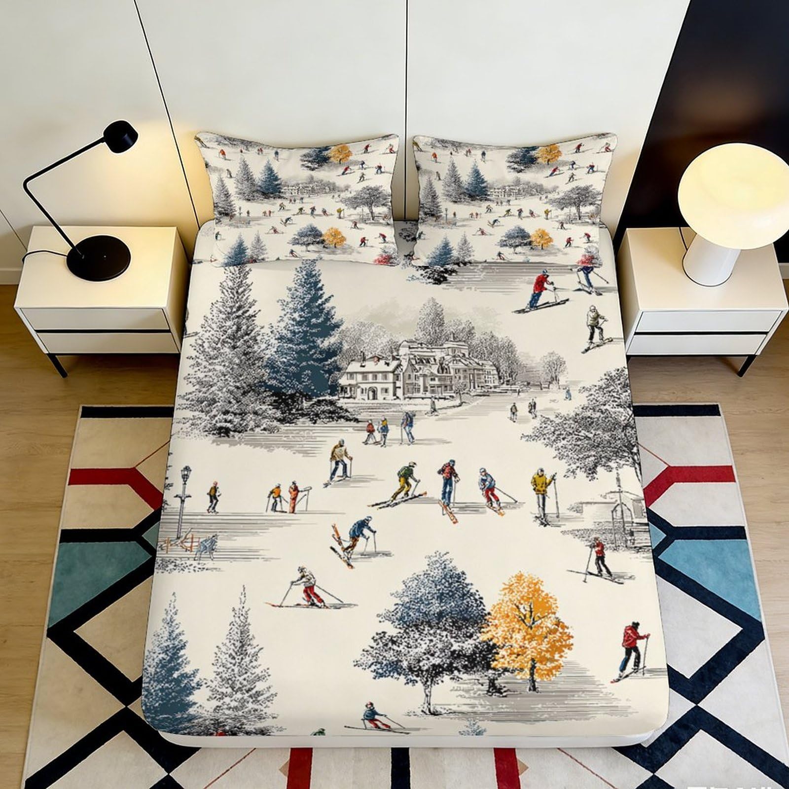 Jqzkxnhpbr Style-2 3D Printed Winter Ski Landscape Fitted Sheet Microfiber Soft Breathable Snow Village Bed Cover Bedroom Decor 90X200x25cm