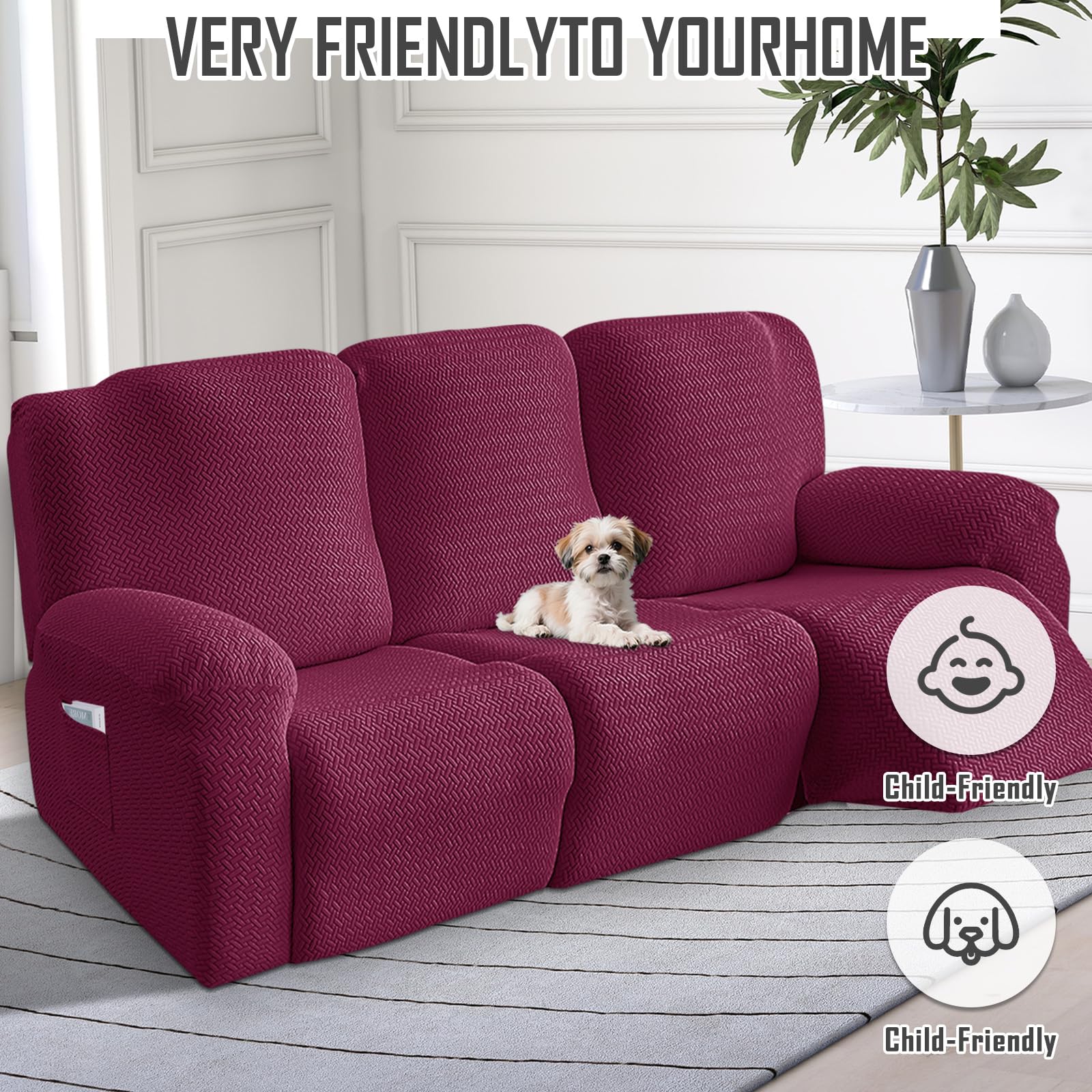 Bocguy Copripoltrona 8 Pezzi All-Inclusive, Rivestimento Elasticizzato con Tasche in Jacquard a Righe, per Poltrona Relax o TV
