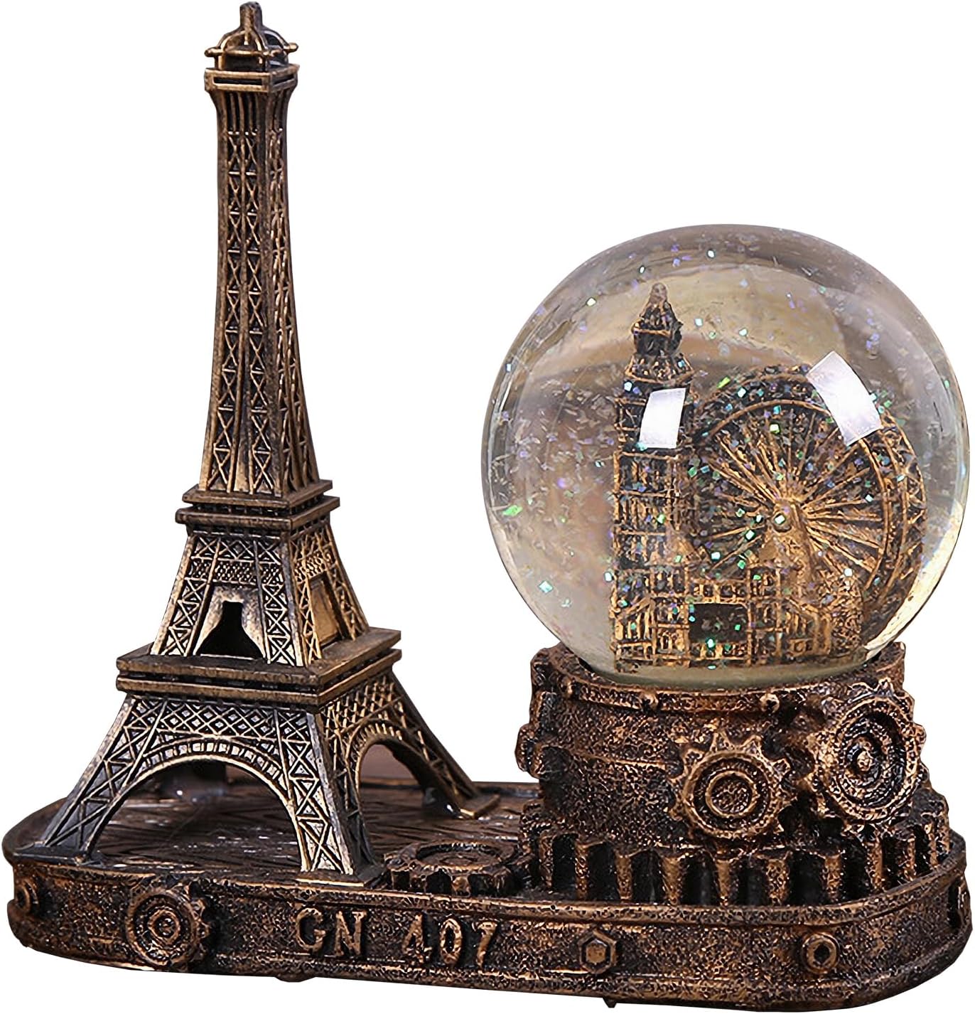 Eiffel Tower Snow Globe LED Music Crystal Home Decoration for Living Room Bedroom Book Shelf TV Cabinet Desktop Decor Statue Figurine Table Centerpieces Ornaments (A, Silver)