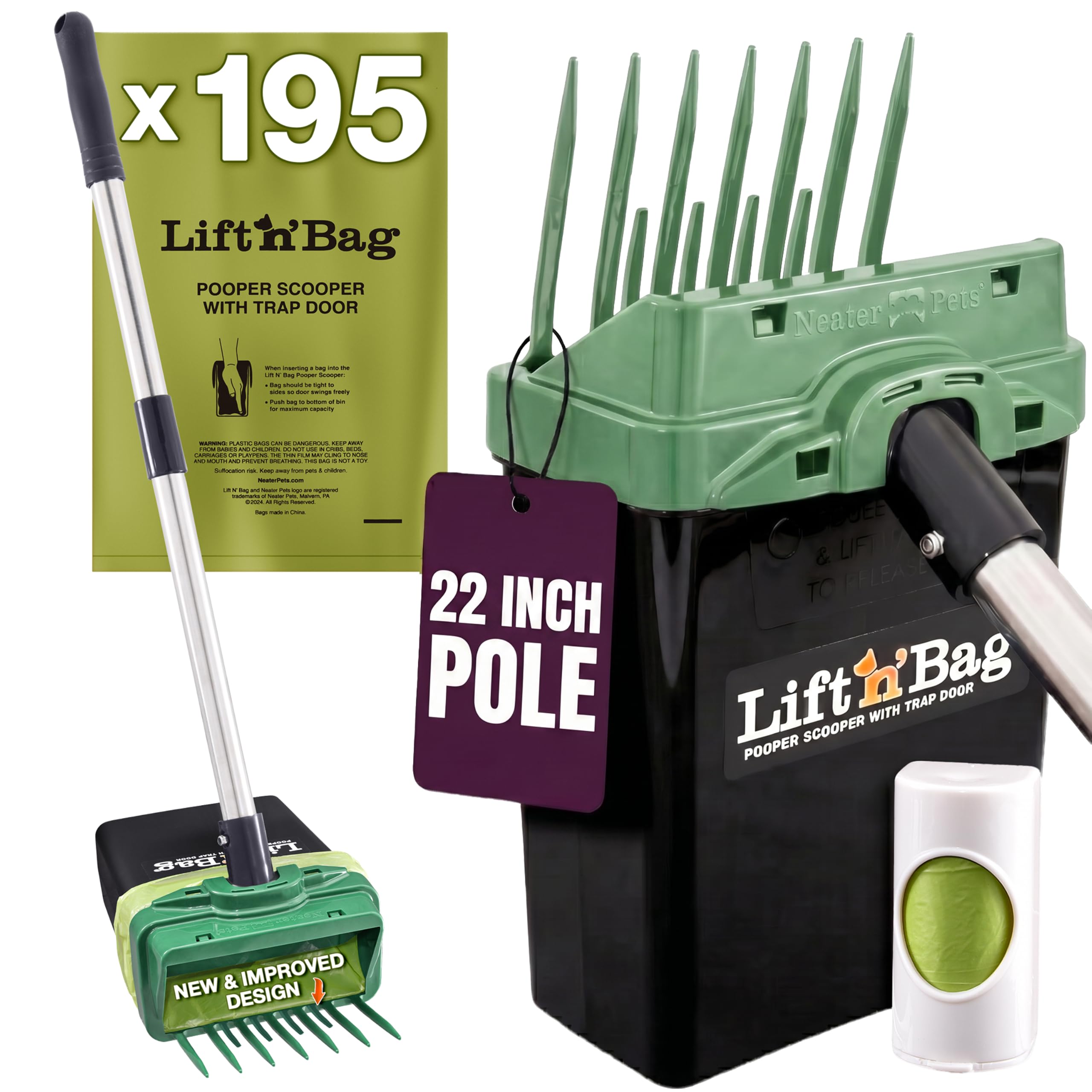 Neater Pet Brands Lift N' Bag Dog Pooper Scooper with 22" Pole, 195 Bags
