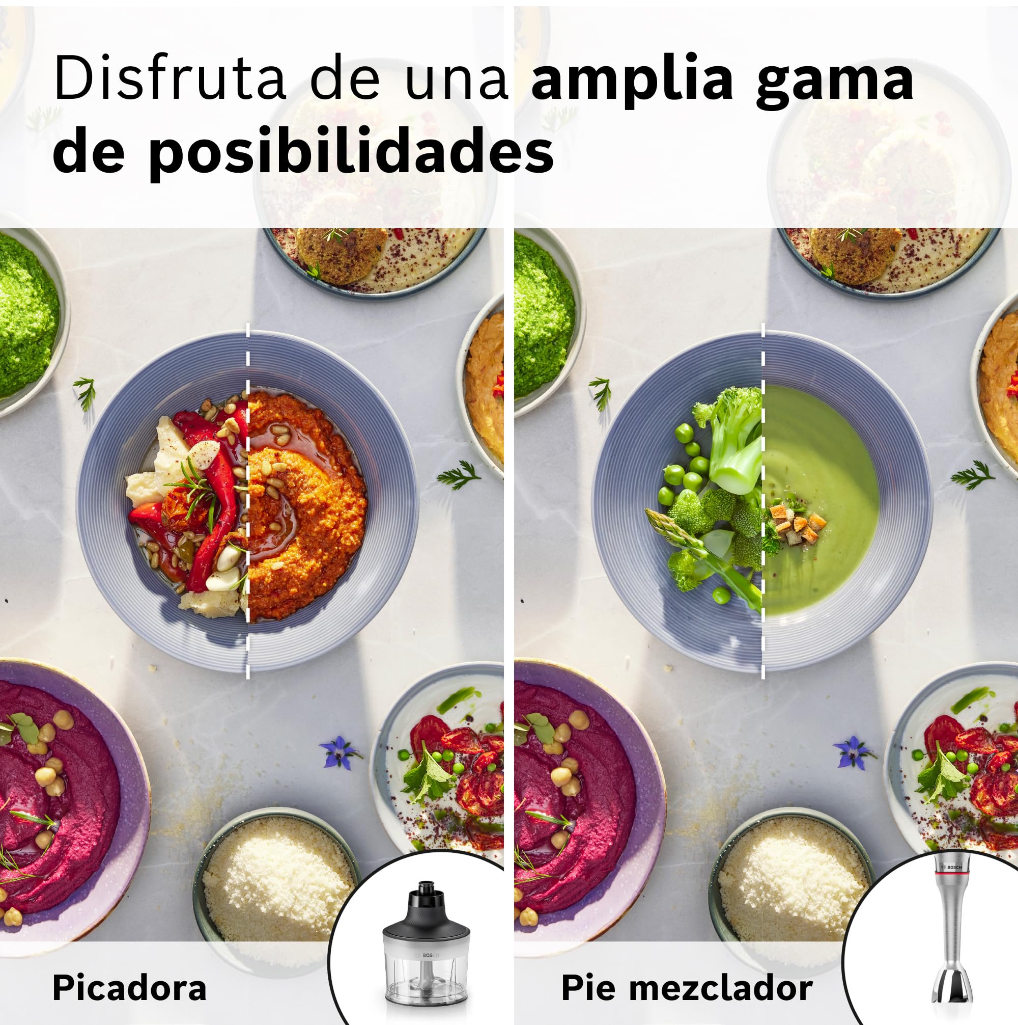 Bosch - Batidora de mano, serie ErgoMaster 8, motor de 1.500 vatios, ajuste intuitivo de la velocidad, cuchilla de 6 hojas, accesorios incluidos, acero inoxidable, MSM8M930
