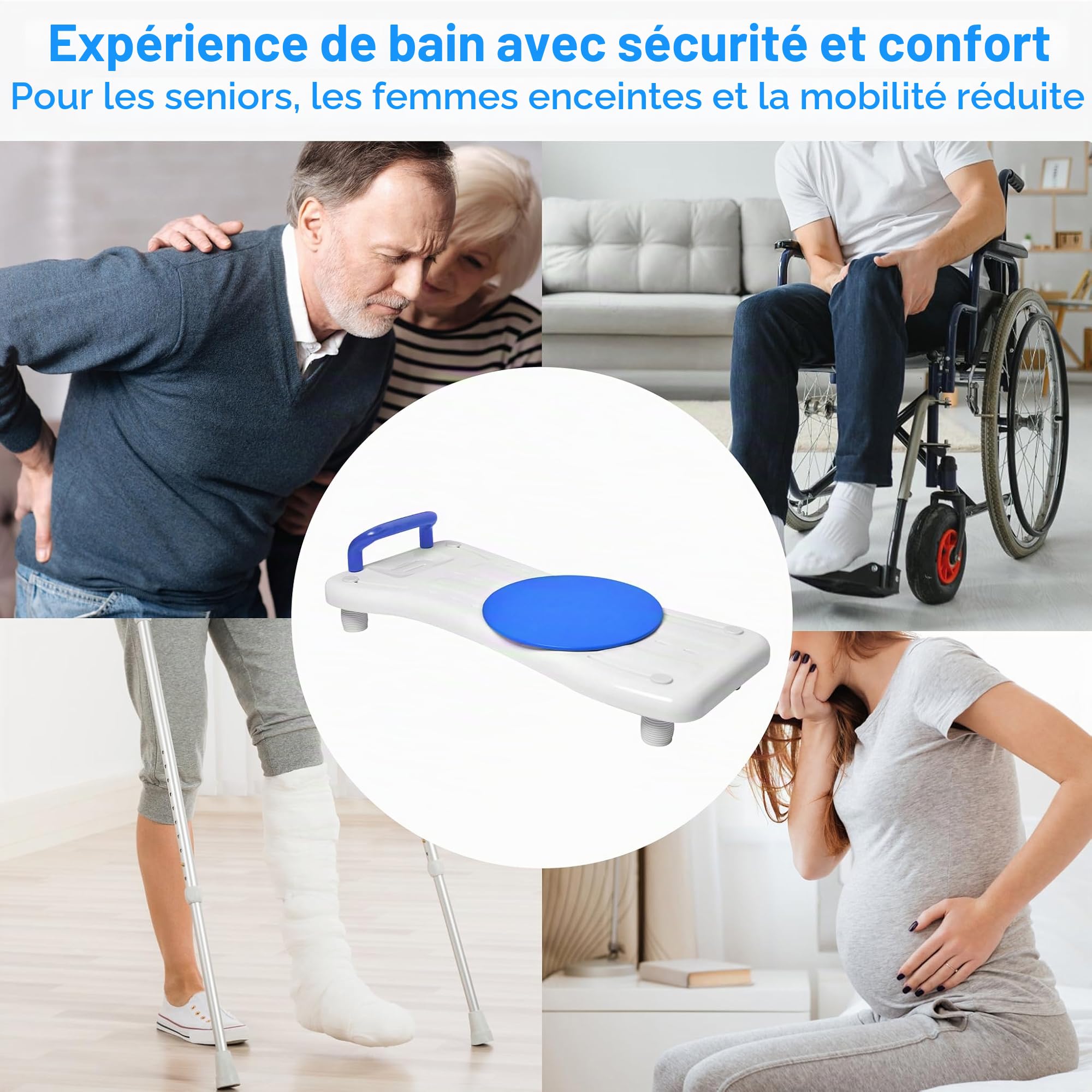 Chaise de baignoire pour personnes âgées 70 x 31 cm, réglable 41-63 cm, étagère, étagère de bain, porte-savon & poignée ergonomique, 150 kg, poignée bleue + plateau tournant