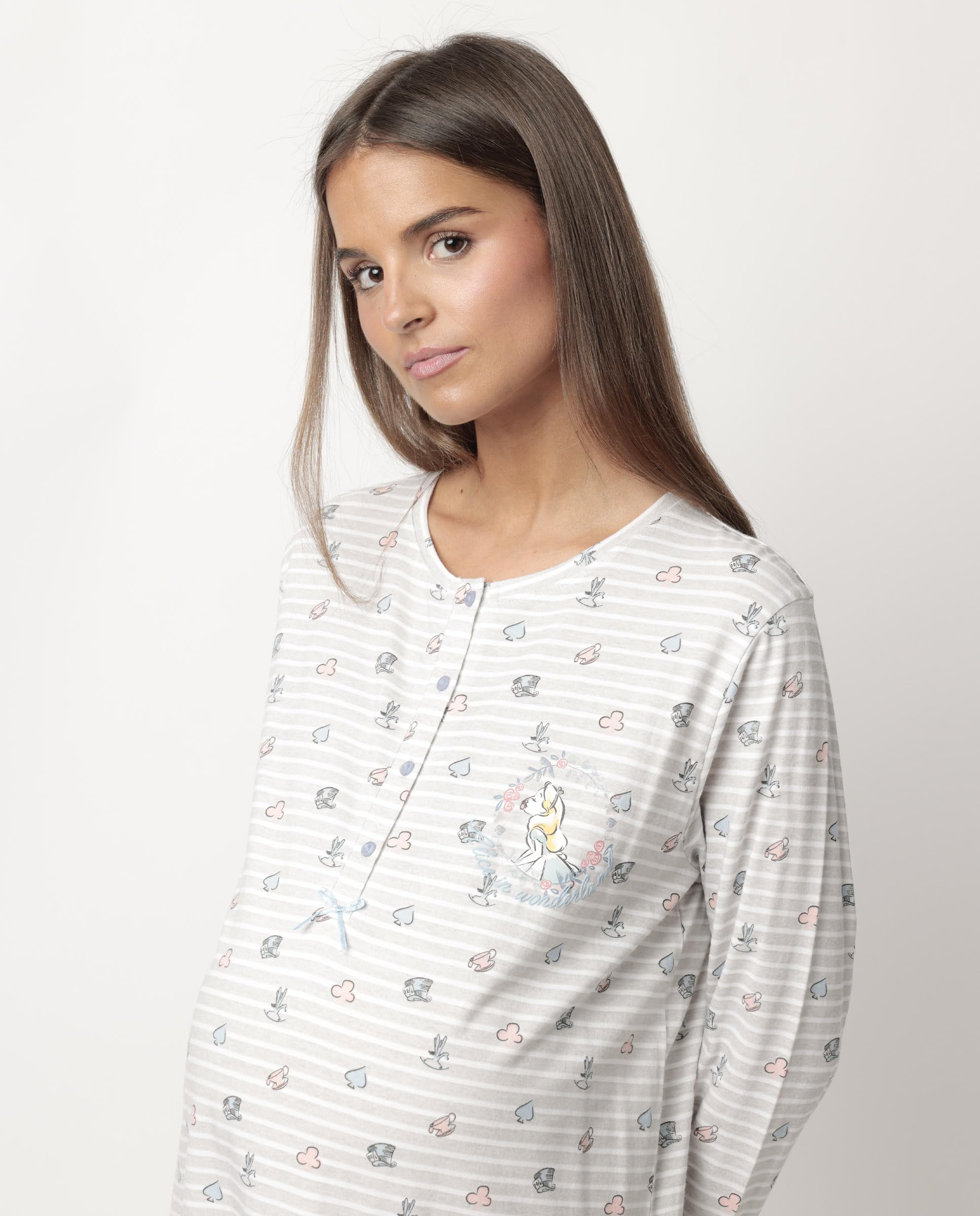 Disney camisón Mujer Invierno 50% algodón, 50% Viscosa – camisón Manga Larga con Tapeta y Botones, Detalle en Relieve y Raya Estampada, Punto Suave y caída cómoda, Gris Jaspe, Talla XXL