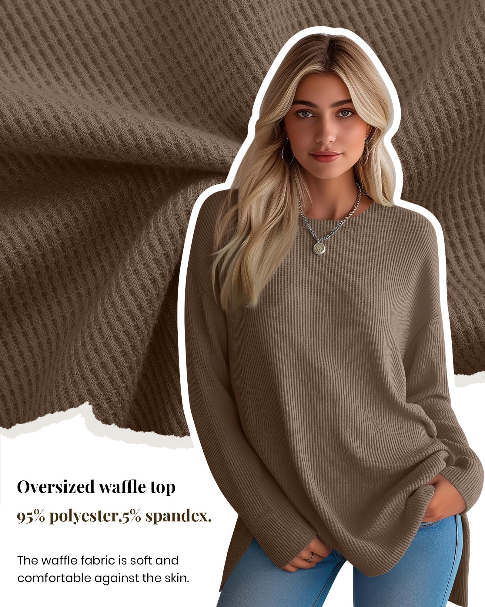 Tenare Lot de 3 Hauts Femme en Maille Waffle Manches Longues, Oversize Col Rond T-Shirts Amples Automne Hiver Basique Blouses