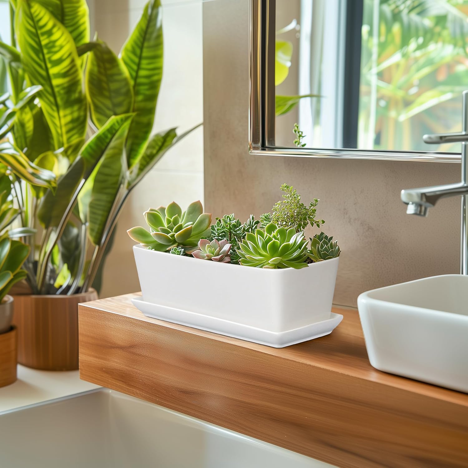 SQOWL Rectangular Planter - 10 Inch Ceramic Pots for Plants with Drainage Hole and Saucer, Succulent Pots for Indoor Outdoor, Cactus Herb Planter, Home Decor, Gifts for Plant Lovers, Glossy White