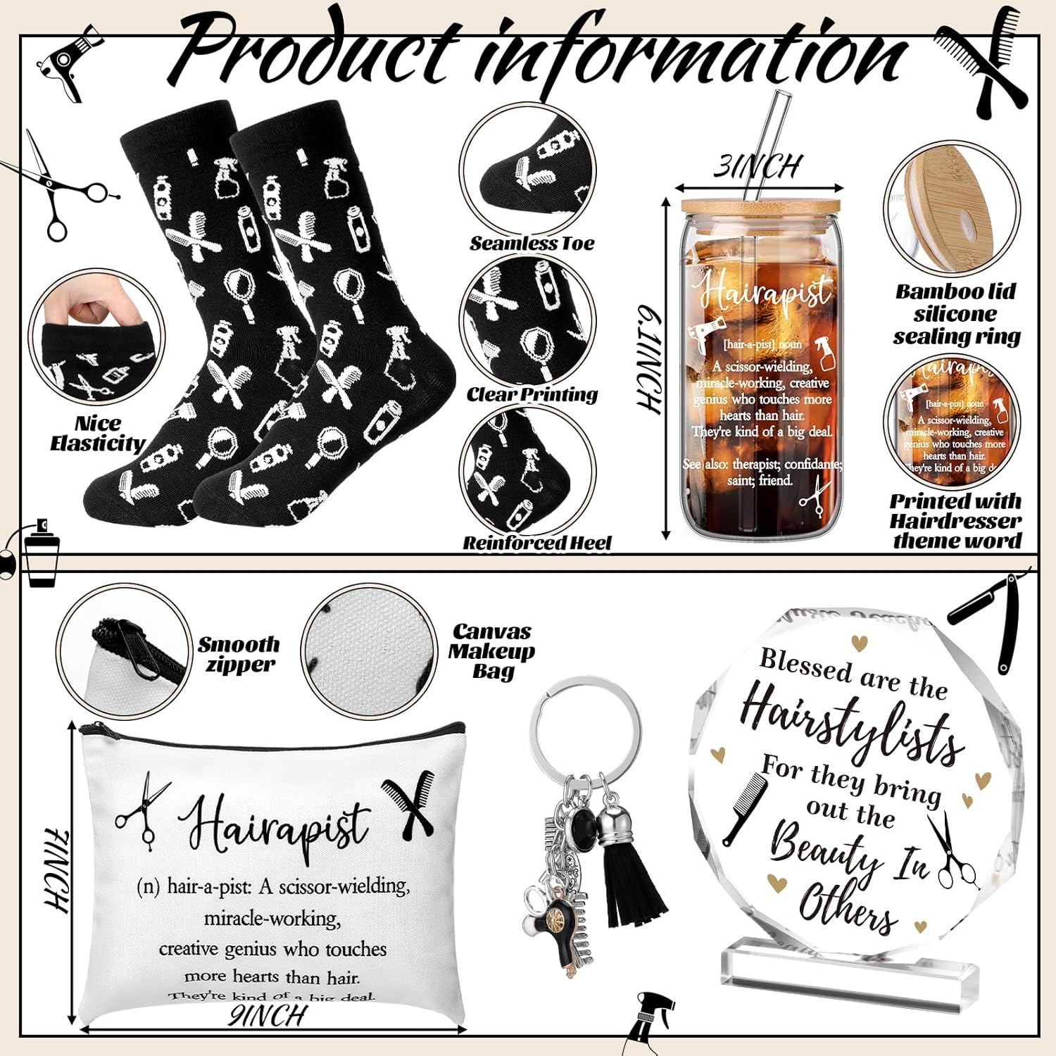 5 Set Hairdresser Gifts for Women Hair Stylist Appreciation Gift Set Hairstylist Makeup Bag Mugs Socks Keychain Acrylic Accessory Gifts for Hairdresser - Image 3