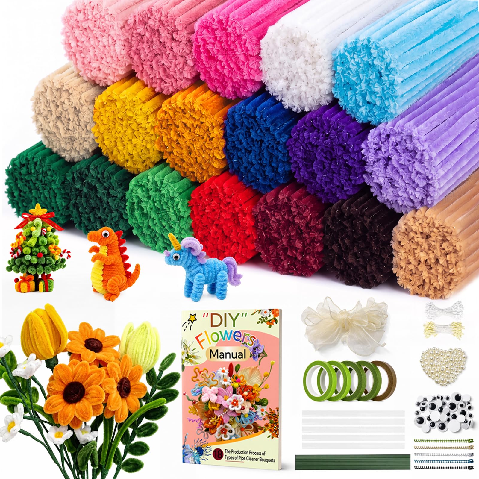 1000 Pcs Pipe Cleaner Flower Kit, 18 Assorted Colors, Pipe Cleaners Bulk