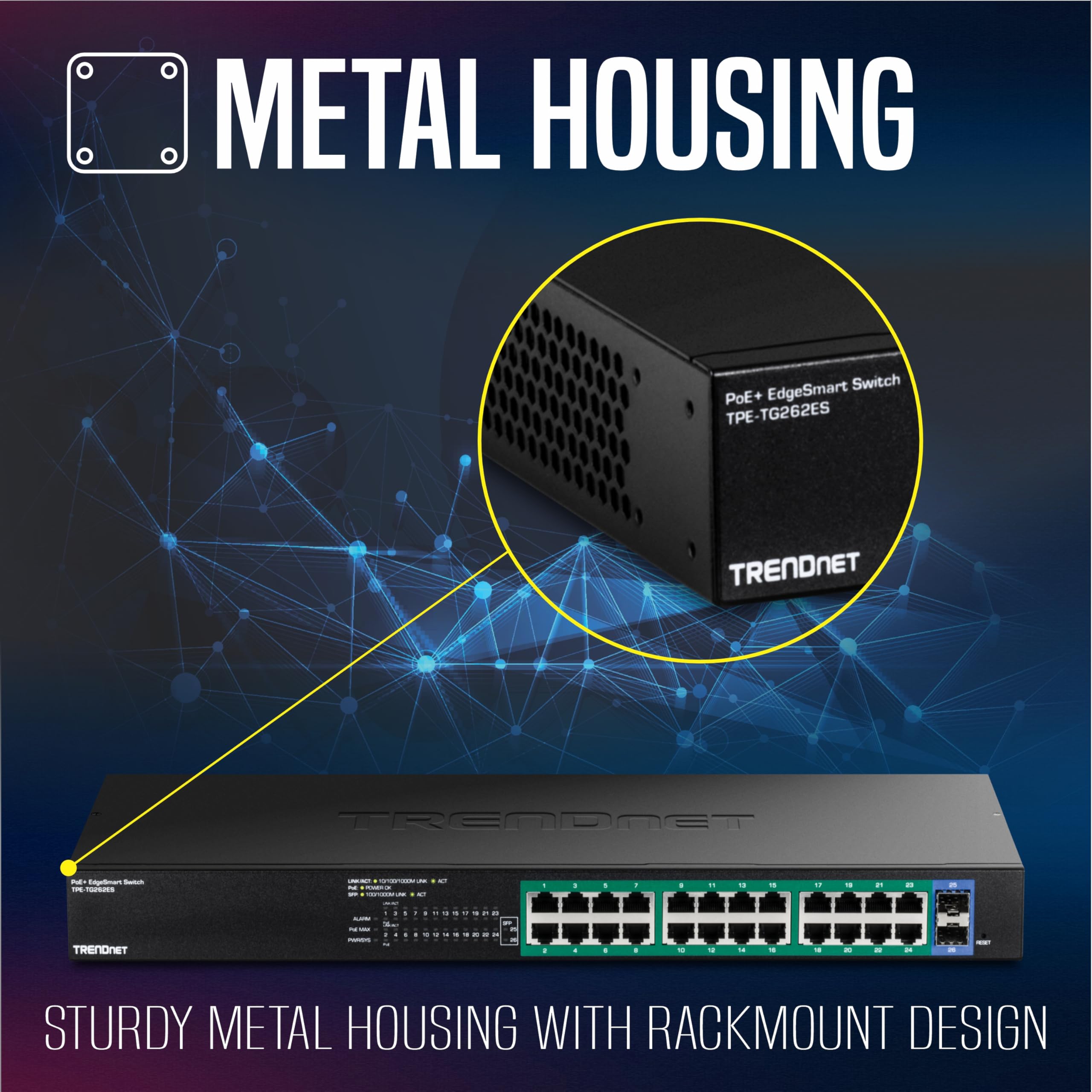 TRENDnet Gigabit EdgeSmart PoE+ Switch de 26 puertos, TPE TG262ES, 380W PoE de presupuesto de energía, 24 puertos Gigabit PoE+, 2 puertos Gigabit SFP, conmutador Ethernet de red gestionado, protección