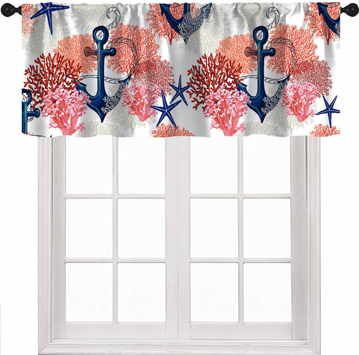 DKMQQUL Coastal Valance Curtains, Nautical Anchor Coral Seashell Ocean Beach Window Treatment Valances for Kitchen Living Room Bedroom, 54x18 Inch
