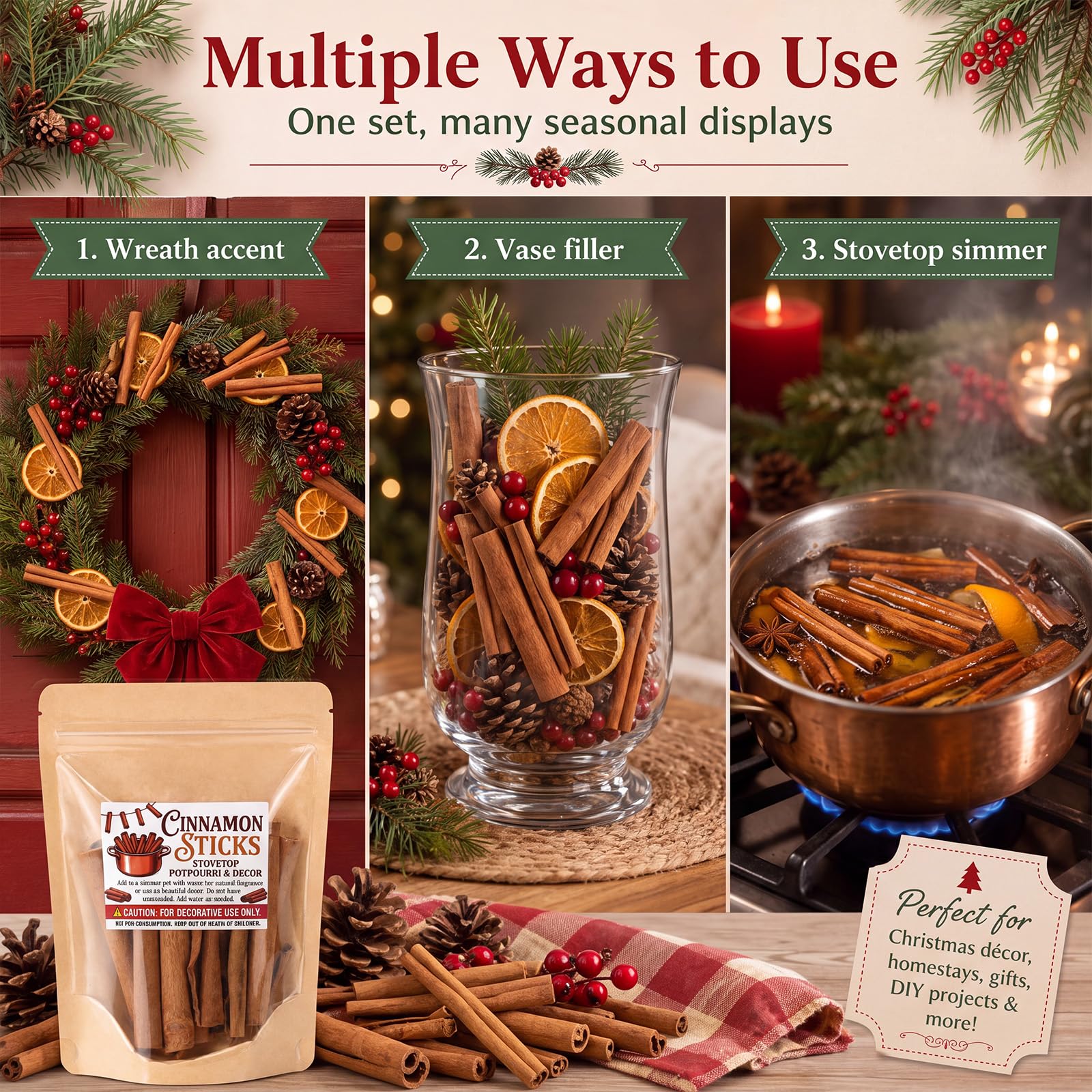 Lot de 6 pots pourris de Noël 480 g, bâtons de cannelle | Botaniques séchées sur la cuisinière avec autocollants, mélanges de pot-pourri d'épices non toxiques