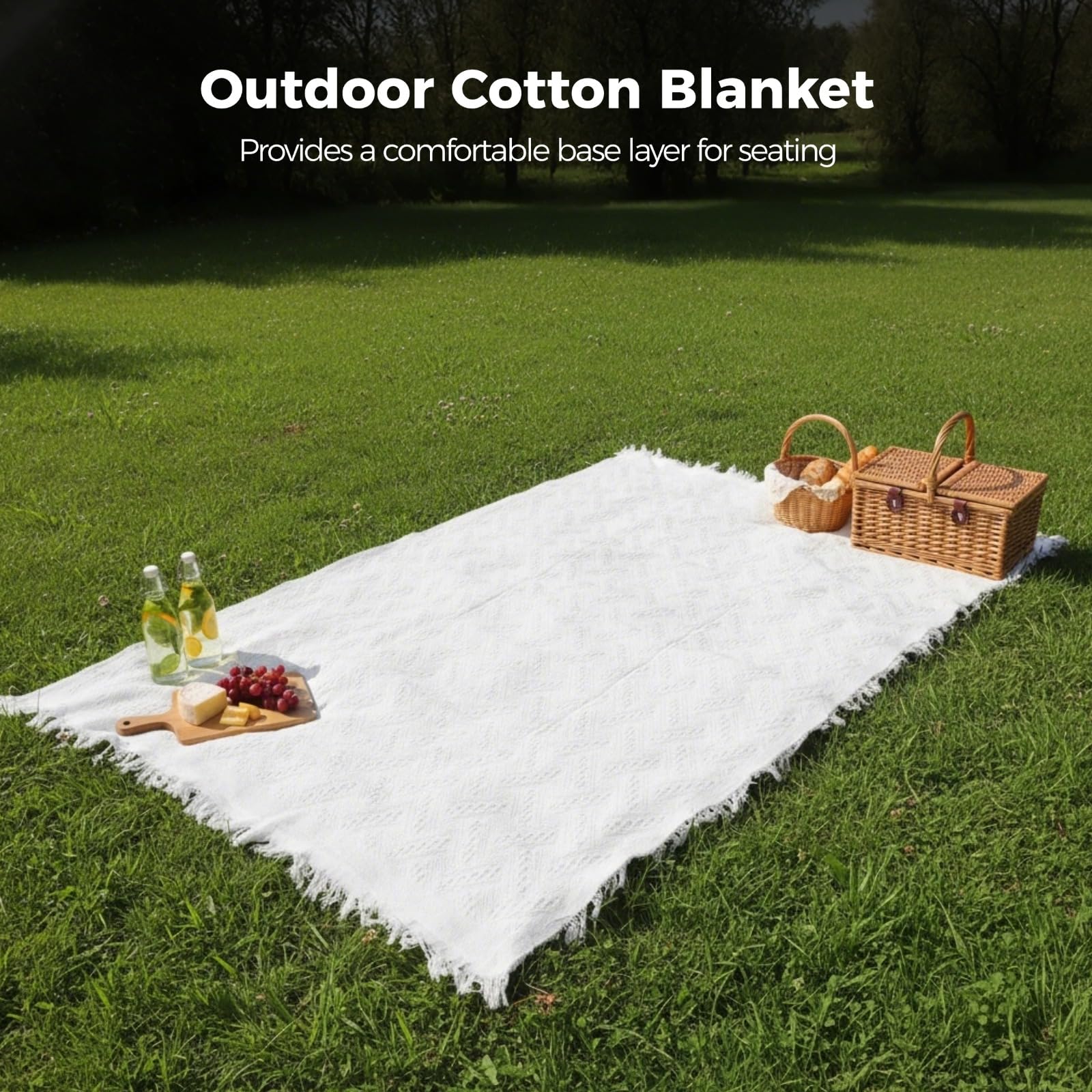 Bawełniany koc outdoorowy, 230 x 180 cm, narzuta piknikowa oversize z frędzlami, przenośny pokrowiec na kanapę, łóżko, podróż, plażę, można prać w pralce, łatwy do przechowywania i