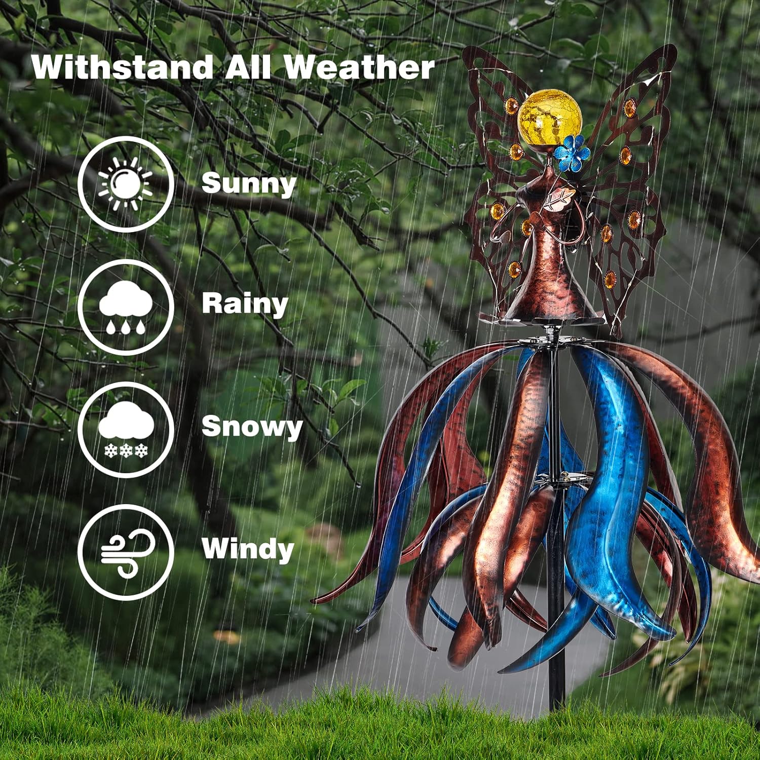 Kircust Solar Wind Spinner, Extra-Large Tulip Garden Windmill Spinners with LED Lighting Solar Powered Glass Ball, Kinetic Metal Sculpture for Outdoor Yard Lawn Patio Decorations
