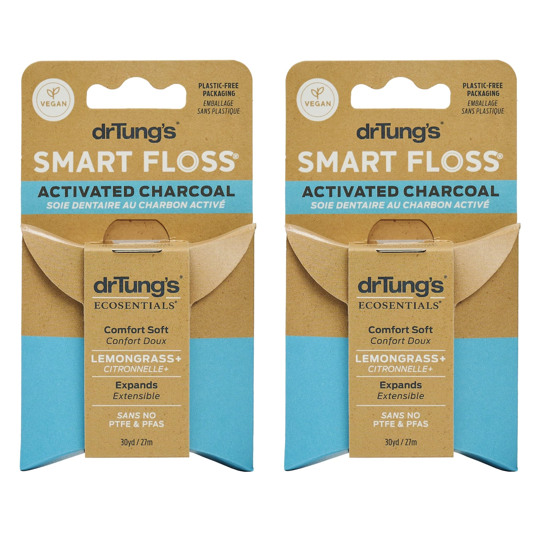 DrTung's Hilo dental de carbón activado vegano, hilo dental natural, libre de PTFE y PFAS, suave con las encías, se expande y estira, sin BPA, sabor a citronela (paquete de 2) | Hilo dental natural, libre de PTFE y PFAS, suave con las encías, se expande y