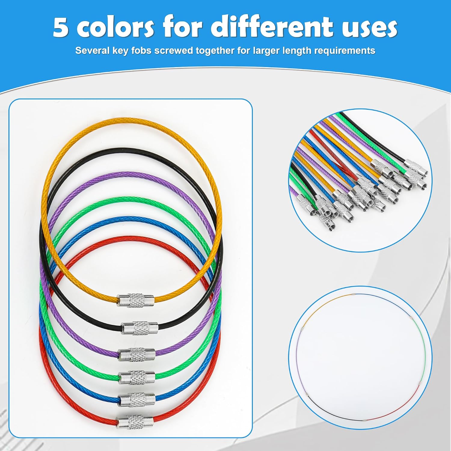 30 x 5.9” 6 Color Wire Keychains with 1.5mm Cable Loops for Heavy Duty Luggage Tags, Keychains, Small Gift Hangers and ID Tags (Silver) image 2