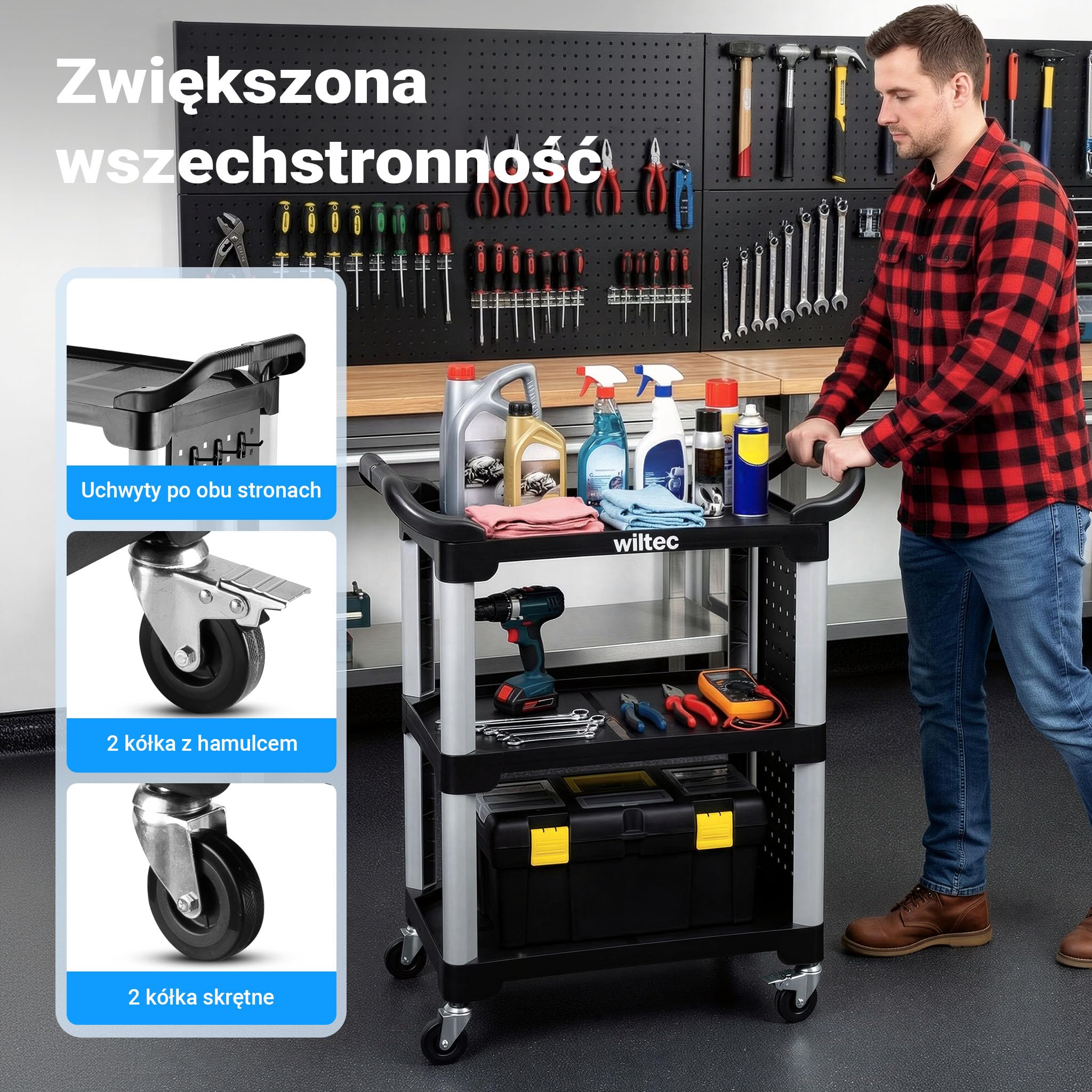 Wiltec Wózek 3-poziomowy typu 03 o nośności 150 kg, wózek warsztatowy 87 x 43 x 66 cm, wykonany z tworzywa sztucznego