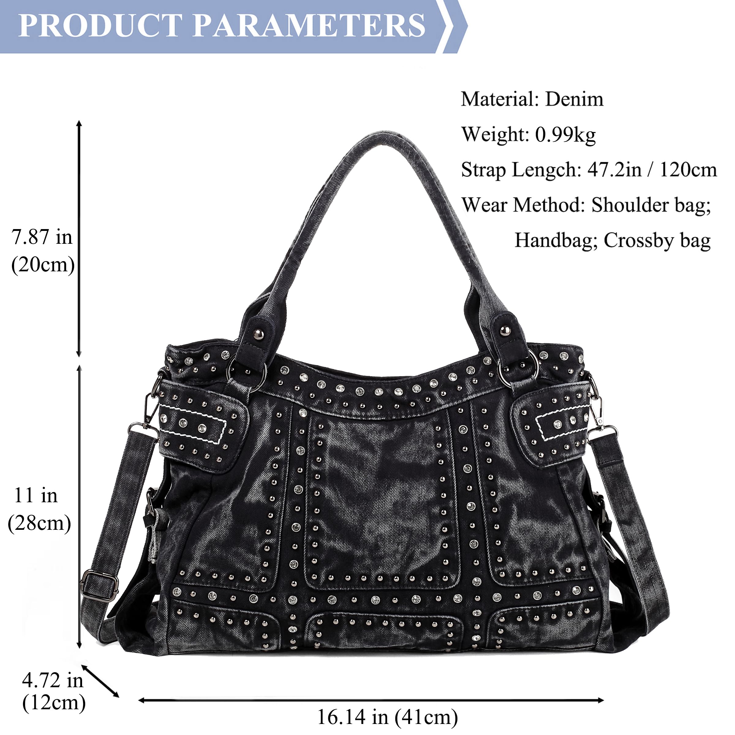 iPinee Designer Denim Handbags for Women Hobo Tote Bag Crossbody Denim Purses Blue Jean Shoulder Bag (IP-A7)