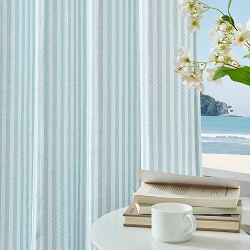 Vangao Cortinas de lino a rayas para sala de estar, dormitorio, casa rural con estampado de rayas de tictac, cortinas impresas con ojales en la