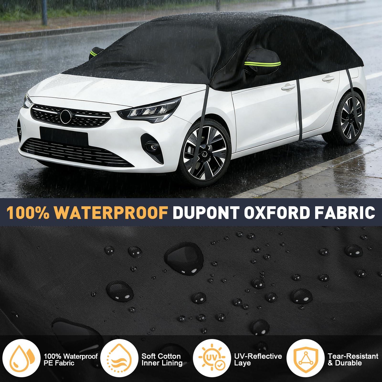 Halbe Autoabdeckung Ersatz Passend für Opel Corsa D Renault Clio VW Golf VW Polo, Universelle Sonnenfest Hälfte Halbgarage, Wasserdicht Auto Halbgarage, UV-Beständige Regen Sonne Staub Schutz