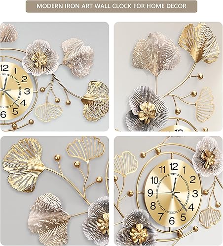 Miniatura 6 de Relojes para sala de estar, reloj de pared grande, reloj de pared silencioso 3D, diseño retro de hoja de ginkgo de metal, para dormitorio, cocina,