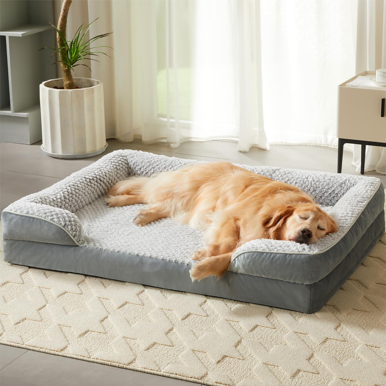 Quilmfoam Orthopedic Dog Beds for Large Dogs,Waterproof Dog Bed, Egg Crate Foam Bed for Large Dogs, Big Pet Bed with Washable Removable Waterproof Pillow Cover and Anti-Slip Bottom, Grey,107x76x19cm