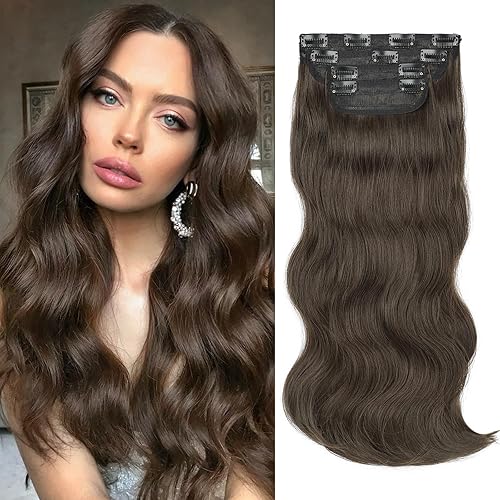 HANYUDIE Clip in Hair Extensions 20 Inch Brown Hair Extensions for Women 4 PCS Classic Synthetic Long Wavy Clip ins 11 Clips 210g (Dark Brown)