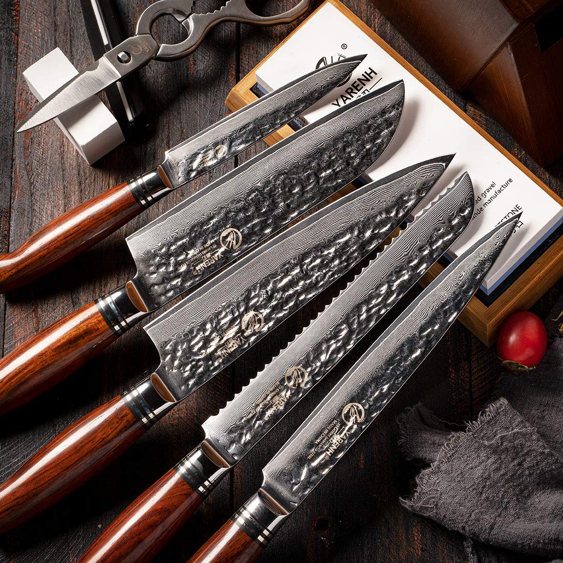 Yarenh Set Coltelli Professionali Cucina 5 Pezzi,Coltelli Cucina Set en Lama in Acciaio Damasco Giapponese,Coltello da Cucina,Coltelli Professionali Chef,Coltelli Giapponesi
