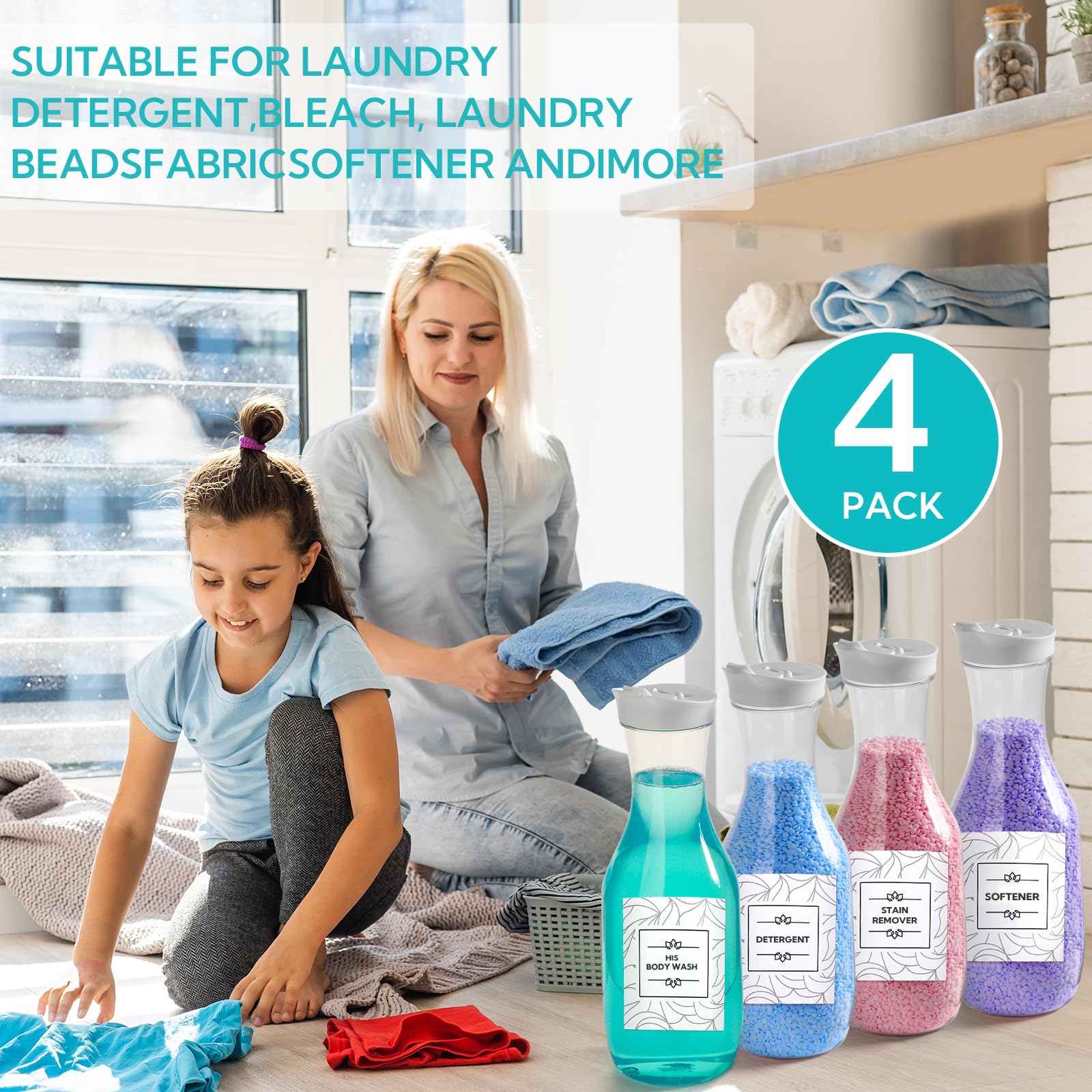 Confezione da 4 dispenser per detersivo per bucato, in plastica, da 1502,5 g, con 20 etichette per organizzare la lavanderia, per polvere liquida, candeggina, profumo, perline, sapone e ammorbidente