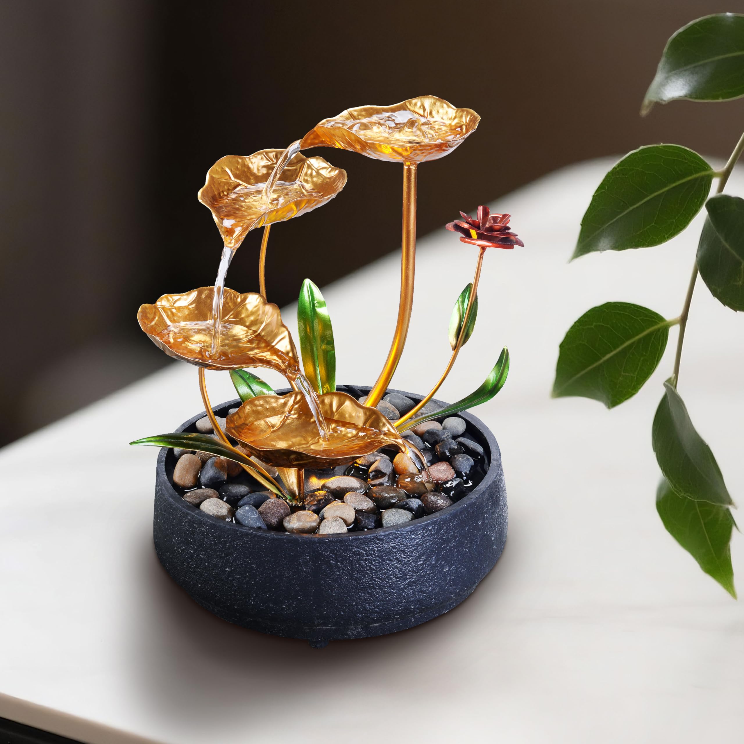 UNITEDESSENTIALINDOOR Tabletop Fountain Metal Lotus Circulating Fountain Water Feature for Zen Home Decor Warm Yellow Scene Light(23034) 5
