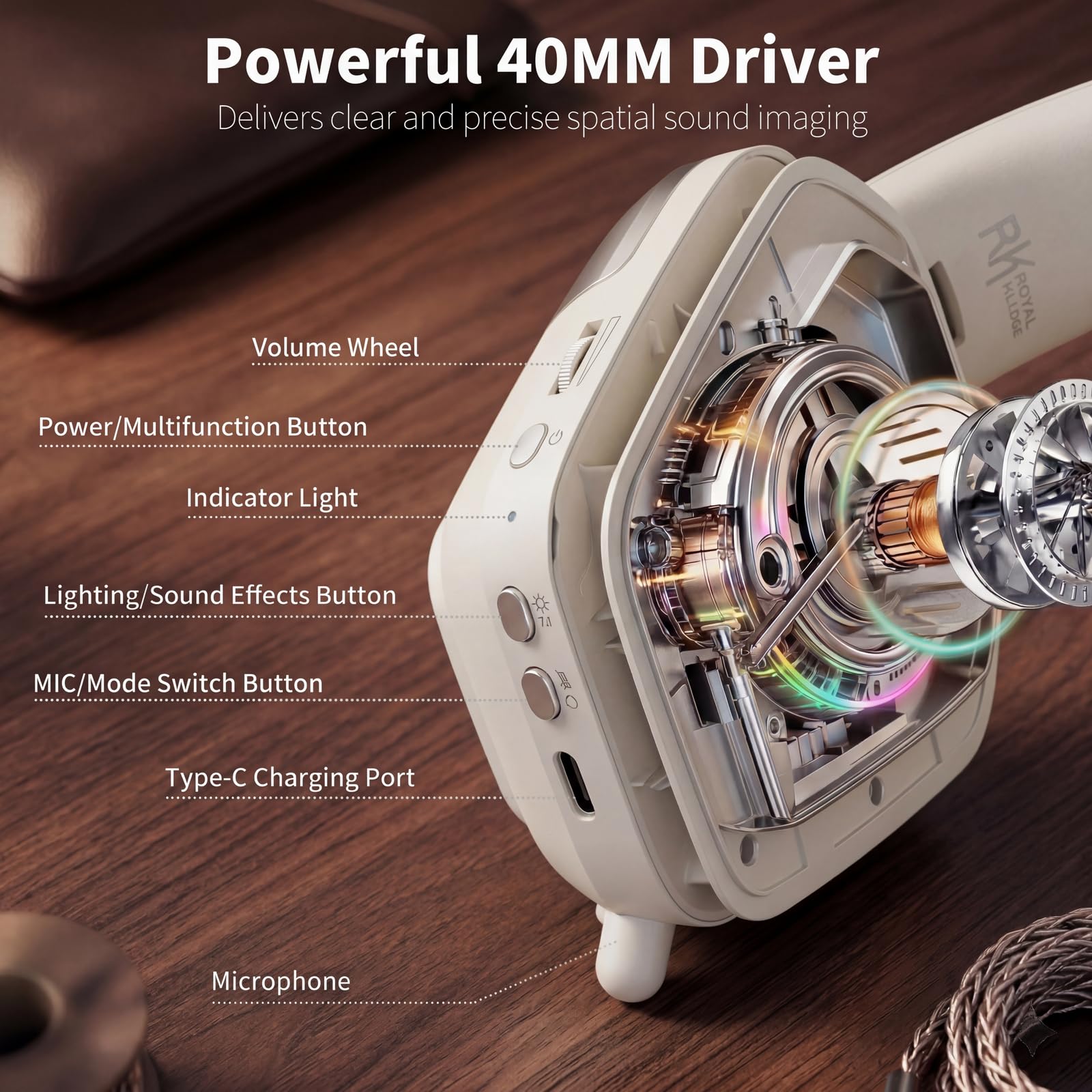 RK Royal Kludge HG101 Wireless Gaming Headset, 7.1 Surround Sound, Stereo Wired Headphones with Retractable Mic, Bluetooth5.3, RGB, Memory Foam Ear Pads, Works with PC, PS4, PS5, Switch, Platinum Grey - 5