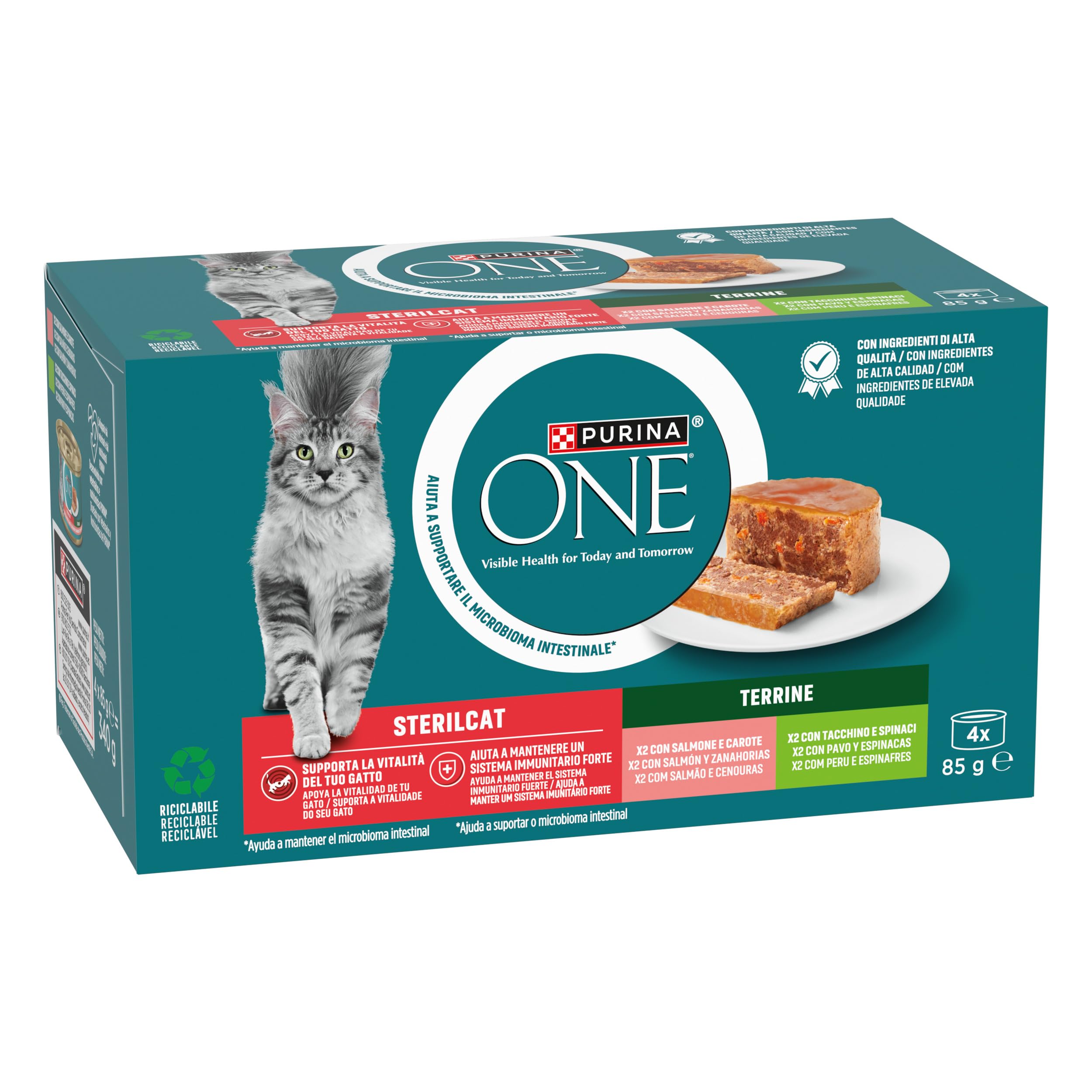 Purina One Sterilcat Filettini in salsa Cibo Umido per Gatti Sterilizzati con Tacchino e Spinaci, Salmone e Carote, 48 Lattine da 85 g