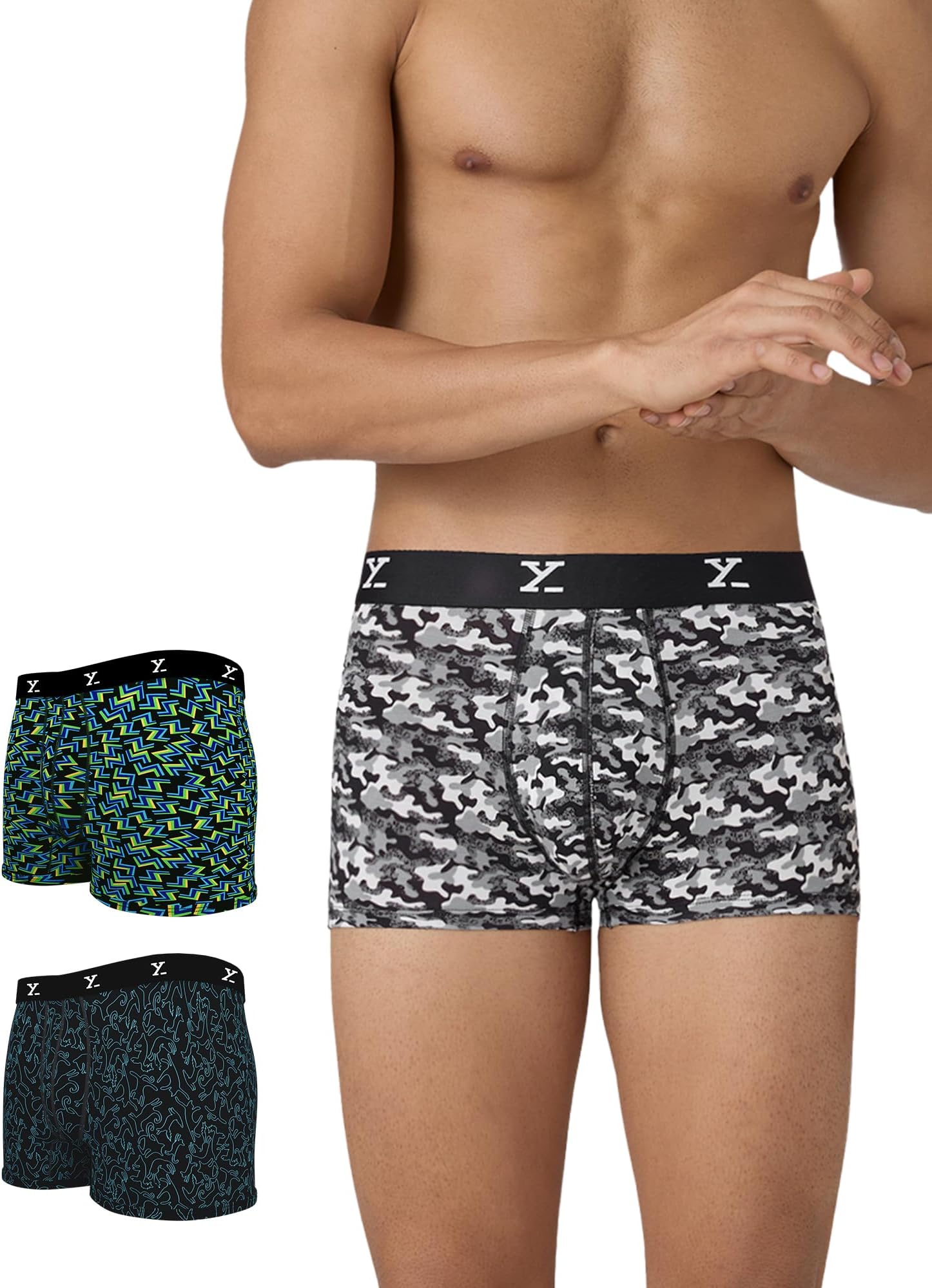 Men's Shuffle Micromodal Regular Fit Printed Antimicrobial Trunks with No Marks Waistband (Pack of 3)