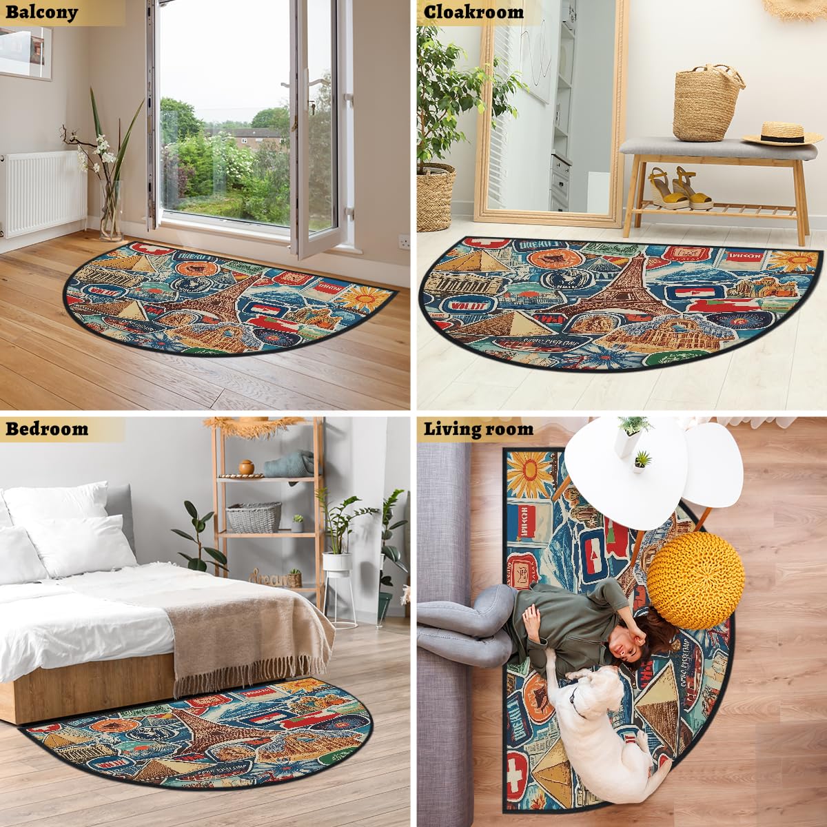 Mexpekil Paillasson de voyage vintage en forme de demi-lune pour intérieur et extérieur, antidérapant, lavable, absorbant, anti-saleté, 100 x 160 cm