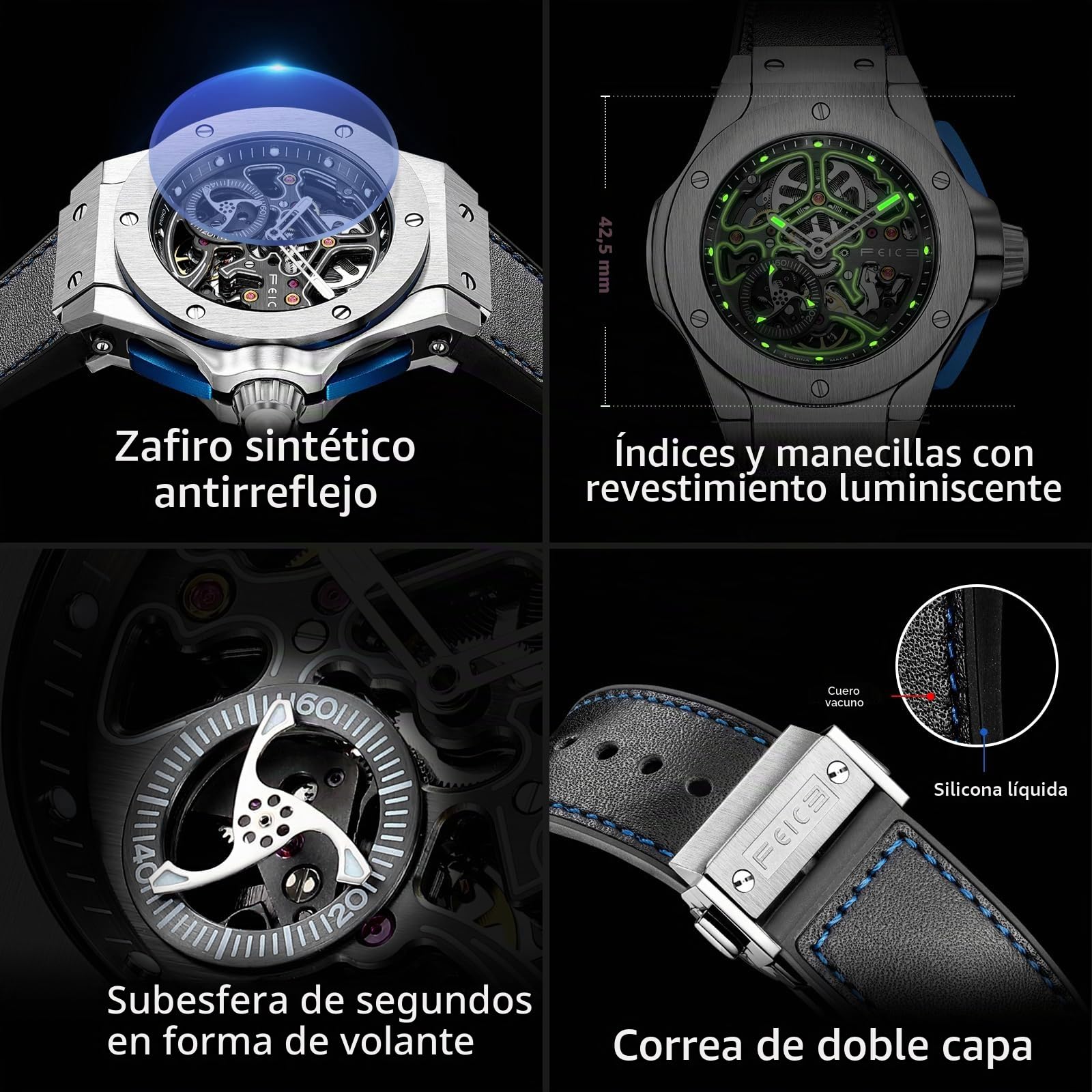 FEICE Reloj Esqueleto Automático Reloj Analógico para Hombre con Cristal de Zafiro de Acero Inoxidable Correa de Silicona Negra Ø42mm FM701