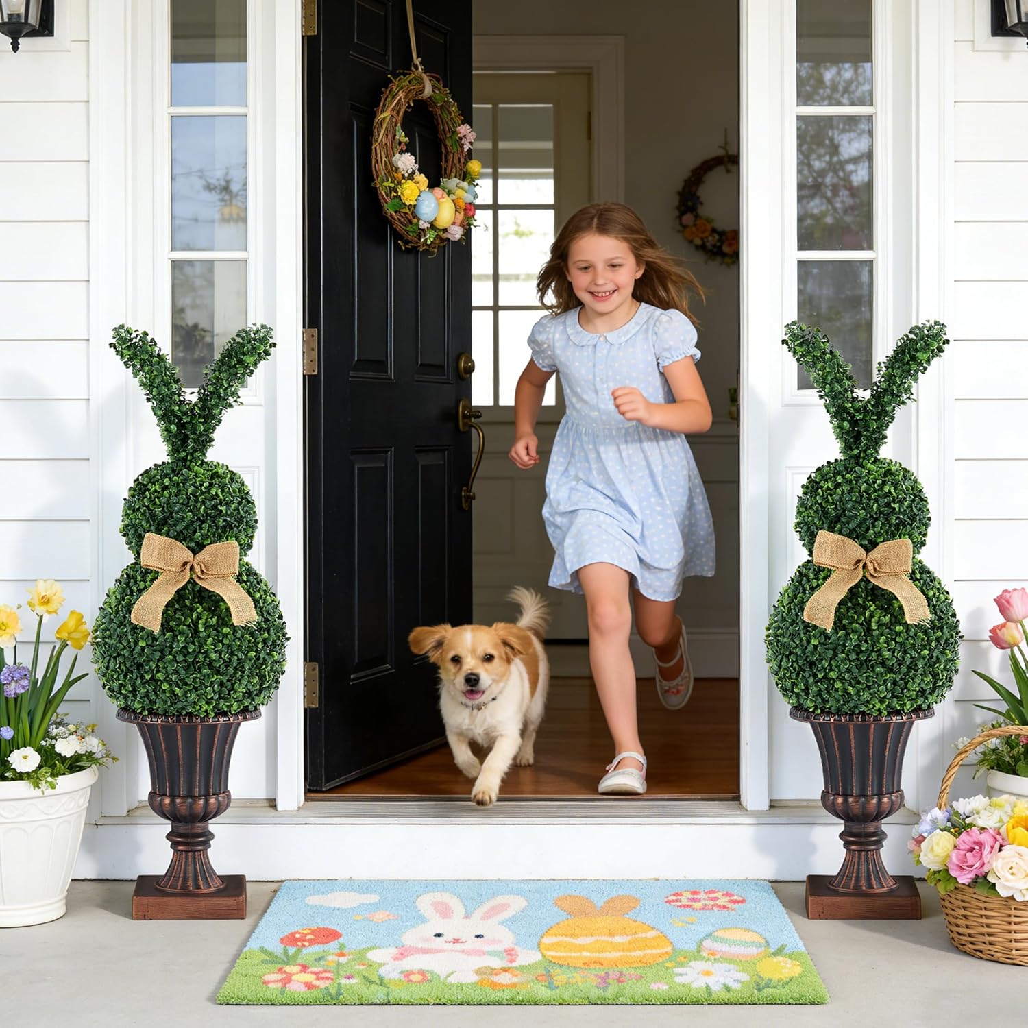 3.5FT Easter Bunny Topiary Tree, Artificial Greenery Bunny Topiary with Bendable Ears, Realistic Faux Plant Vintage Pot, Outdoor Front Porch Entryway Spring Decor