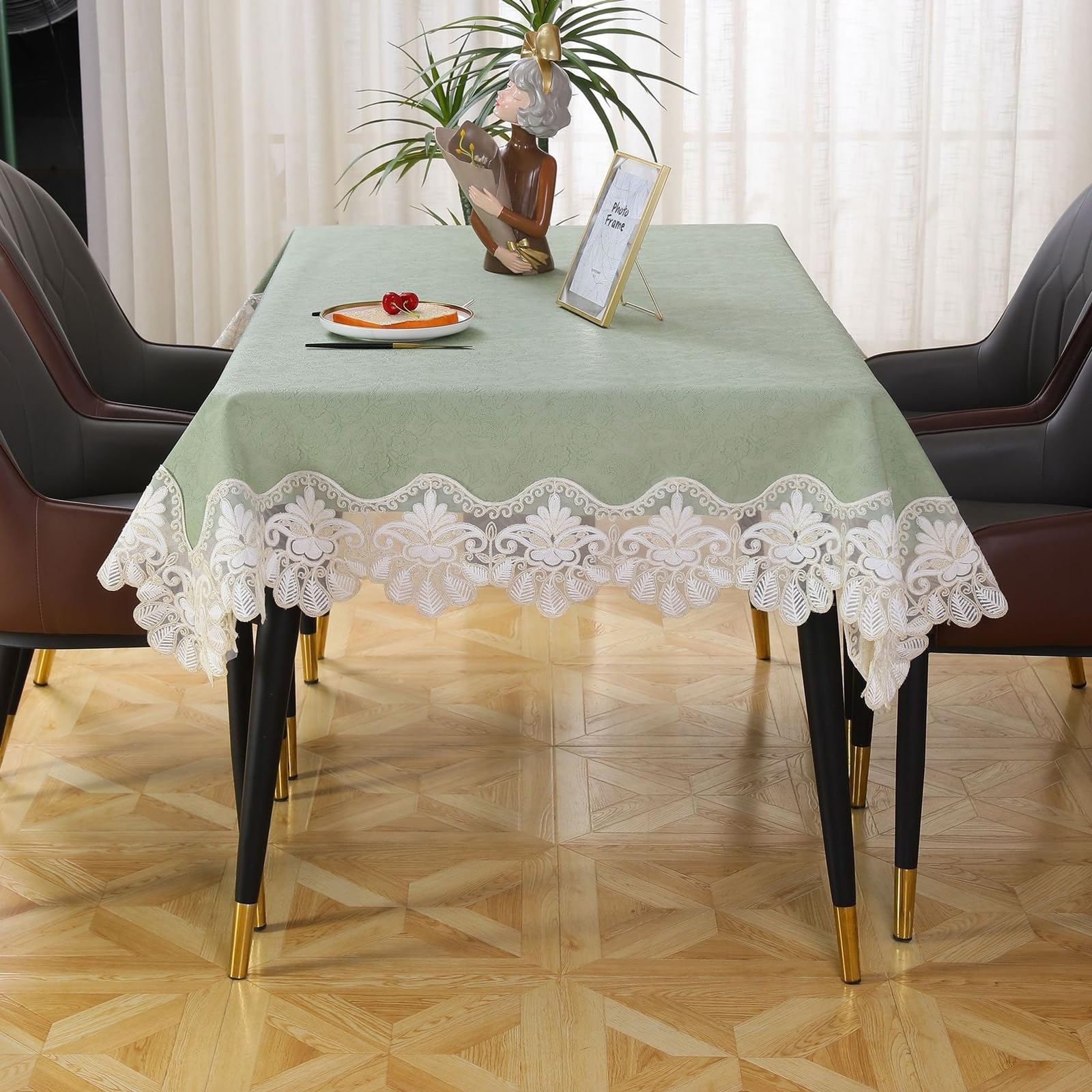 Tischdecke Hochzeit Rechteckig 150x220 cm, Grün Bestickt mit Spitze