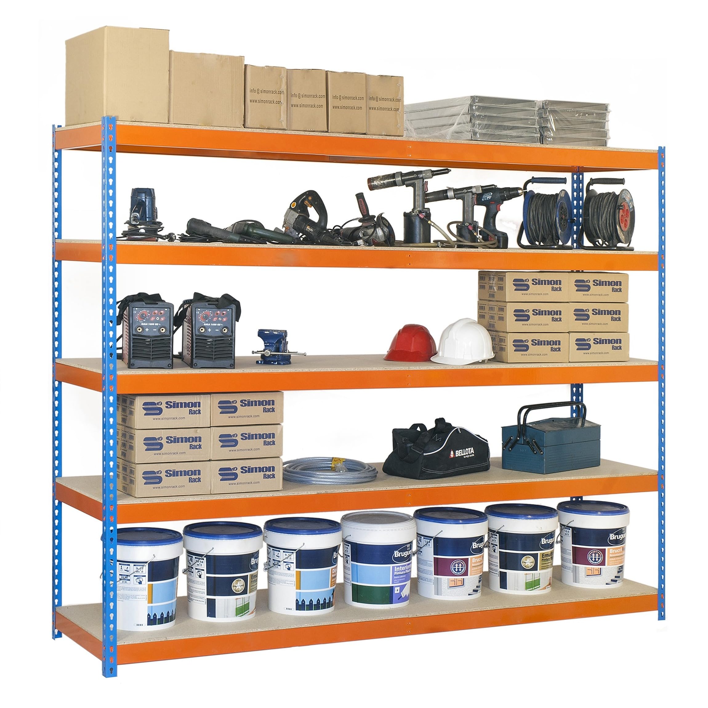 Simon Rack Estanteria Industrial, 2000x1500x750 mm, 600 kg de Punto Flexión, 5 Estantes Madera, Estanterias Almacenaje, Estanterias Metalicas, Azul/Naranja/Madera - SimonTaller