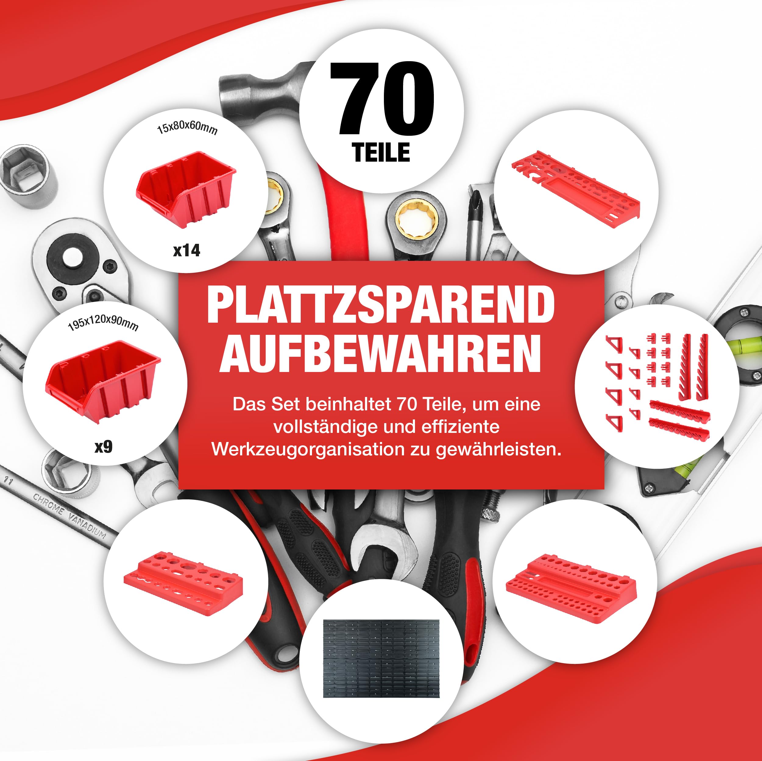 70-częściowy zestaw ścian narzędziowych 1152 x 780 mm ściana warsztatowa z 23 pojemnikami do układania w stos, regał warsztatowy, ściana perforowana z uchwytami na narzędzia, do warsztatu, systemu