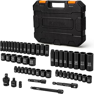 XDOVET 3/8" Impact Socket Set, 3/8-Inch Drive Socket Set, 52-PCS Deep Standard SAE Metric 1/4" - 3/4", 6-22mm 6 Point Socket Set, Includes Extension Bars, Socket Adapter, Universal Joint [NEW UPDATE]