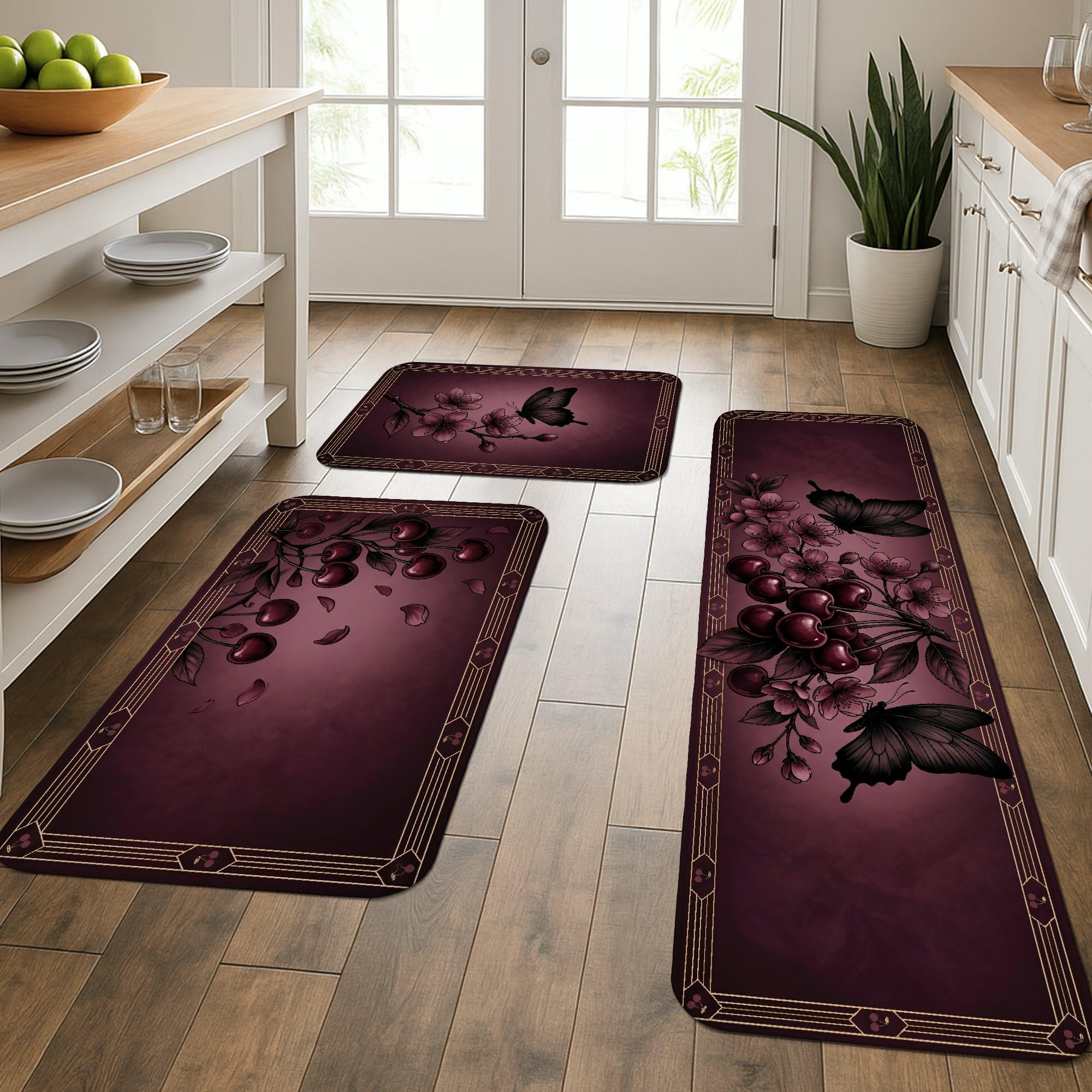 Tapetes de cocina acolchados de cerezas para un piso cómodo y elegante