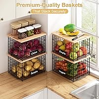 Vista 3 de keomaisyto Juego de 2 cestas de alambre apilables XL con parte superior de bambú, organizadores y almacenamiento de despensa, organización