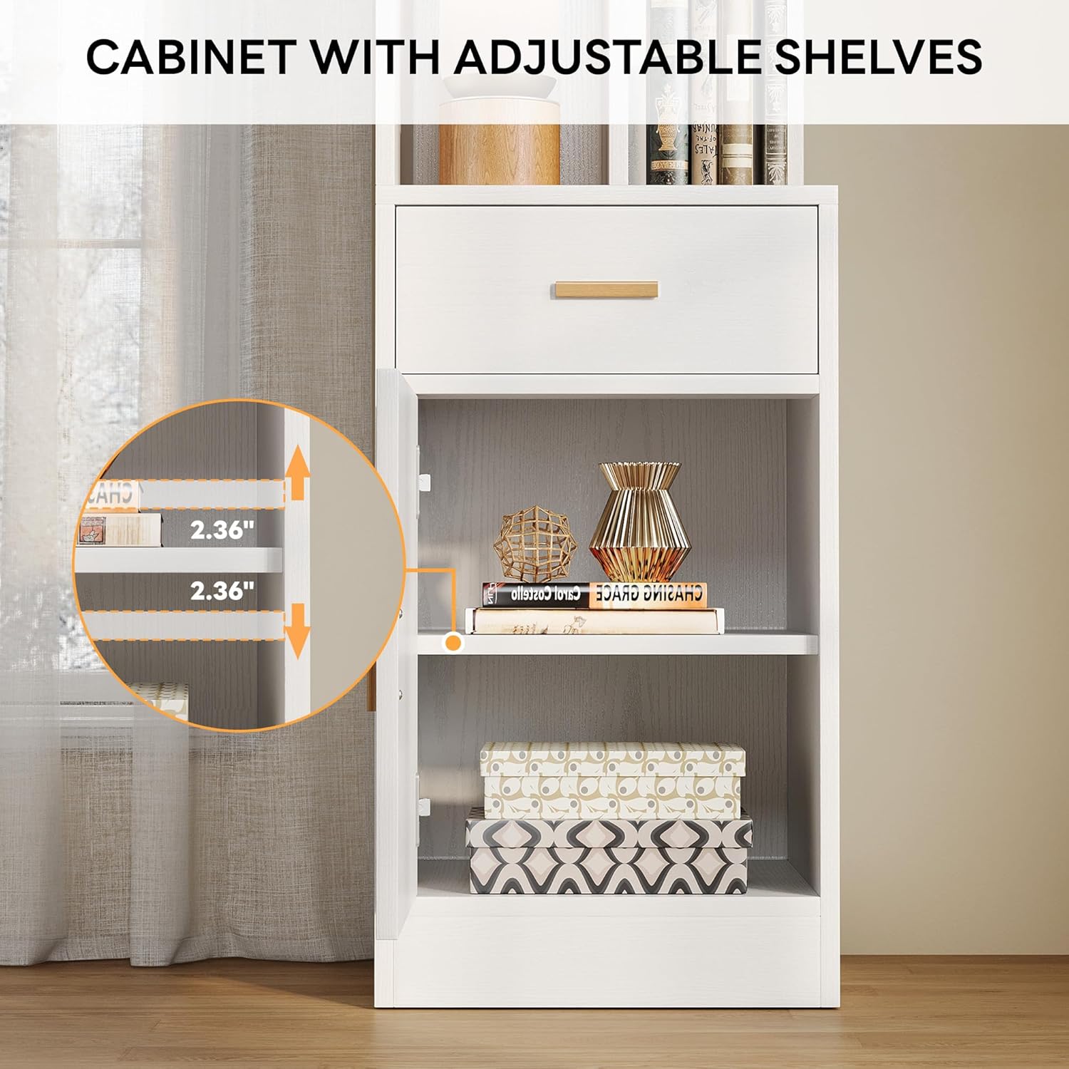 IRONCK Corner Bookshelf，72.8" Tall Corner Shelf with Drawer and Door, Narrow Corner Bookcase with Adjustable Shelves for Living Room Home Office, White