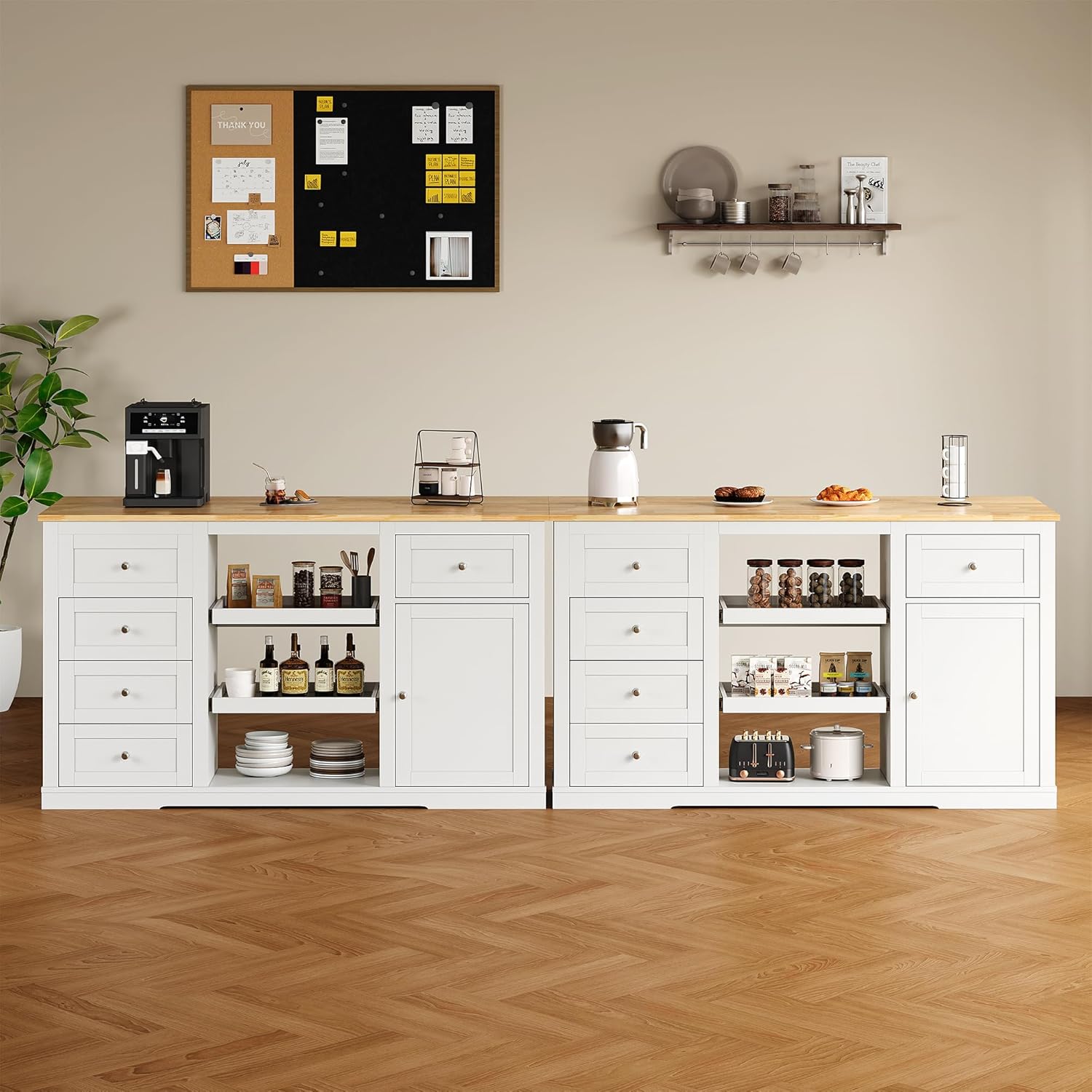 RoyalCraft 59'' Inch Kitchen Island with Storage and Drop Leaf, Island Table for Kitchen, Coffee Station Cabinet with Rubber Wood Top, Pull-Out Trays, Drawers, Adjustable Shelf, Power Outlet, White