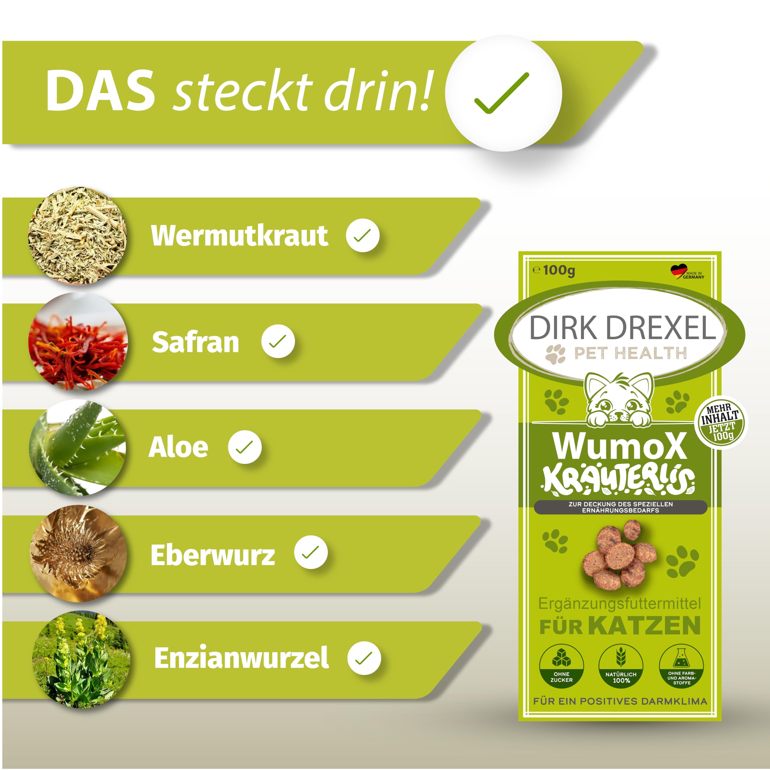 WumoX Herblis para Gatos | Trata con extractos de Hierbas | nutrición Natural para Fortalecer el Medio intestinal | con vermut Real | Alternativa Natural