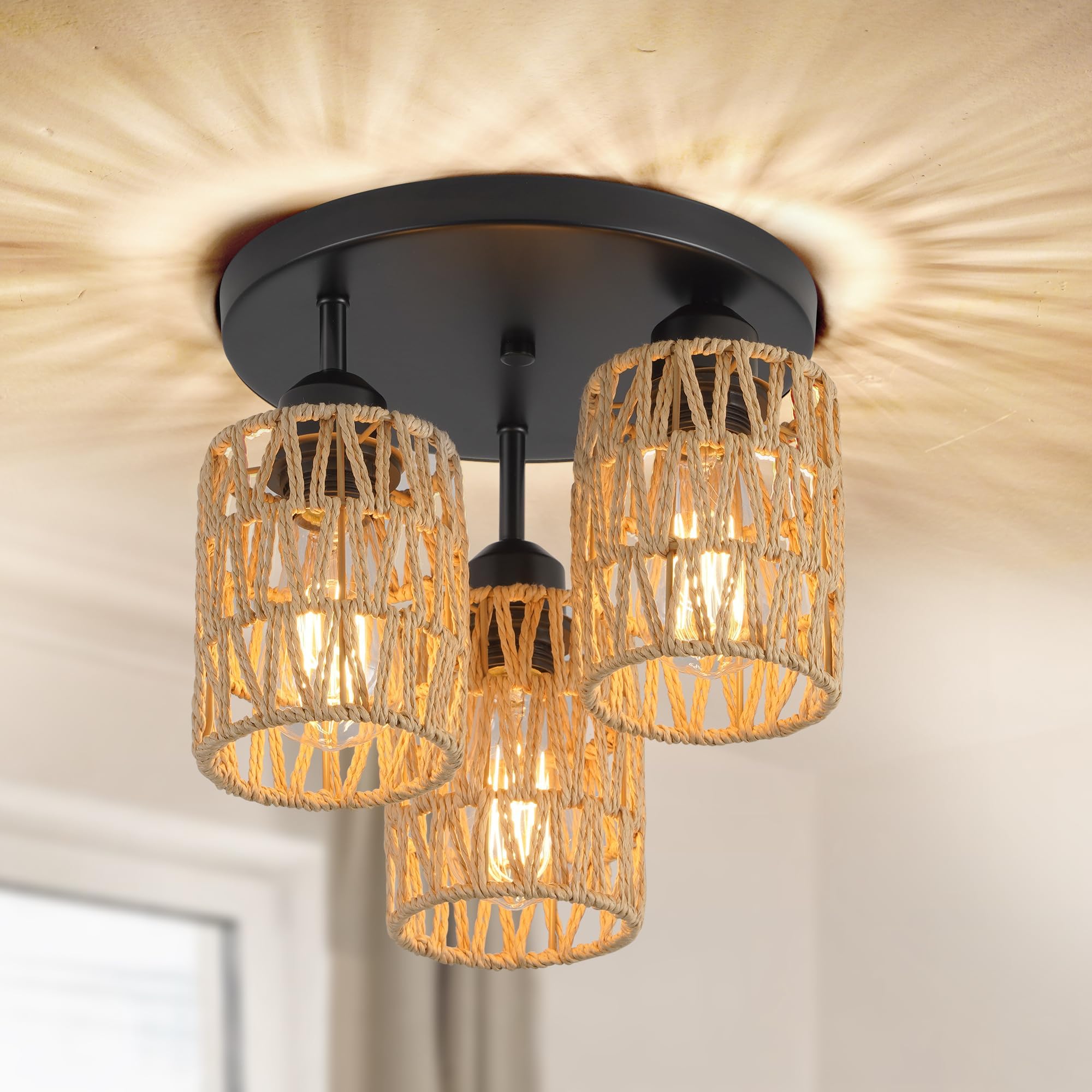 LEDIARY Boho Style Rattan Ceiling Light Fixtures, 3-Light, Close to ...