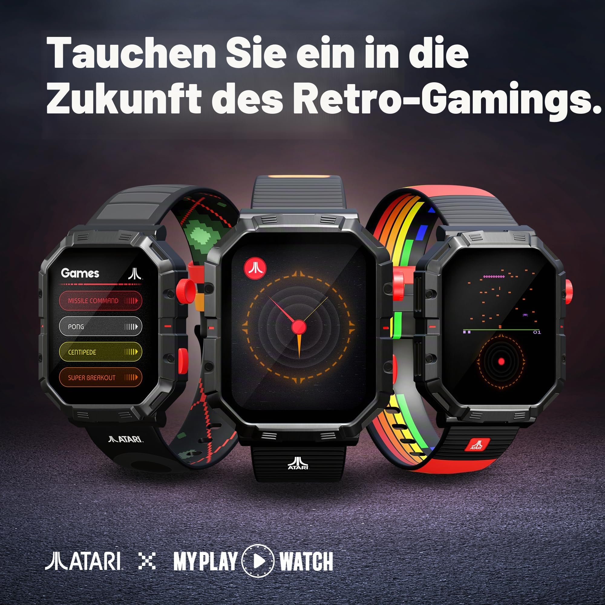 Atari 2600 My Play Watch – Retro-Gaming-Smartwatch mit selektiver Technologie, Nicht verbunden, integriertem Tausendfüßler, Pong, Missile Command, Super-Breakout, Fitness-Tracker, IP68