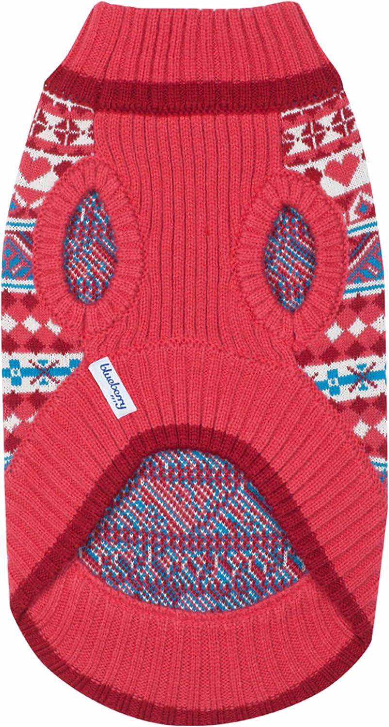 Blueberry Pet Fair Isle Style Sugar Coral Pullover Dog Sweater with Heart, Back Length 20", Pack of 1 Clothes for Dogs