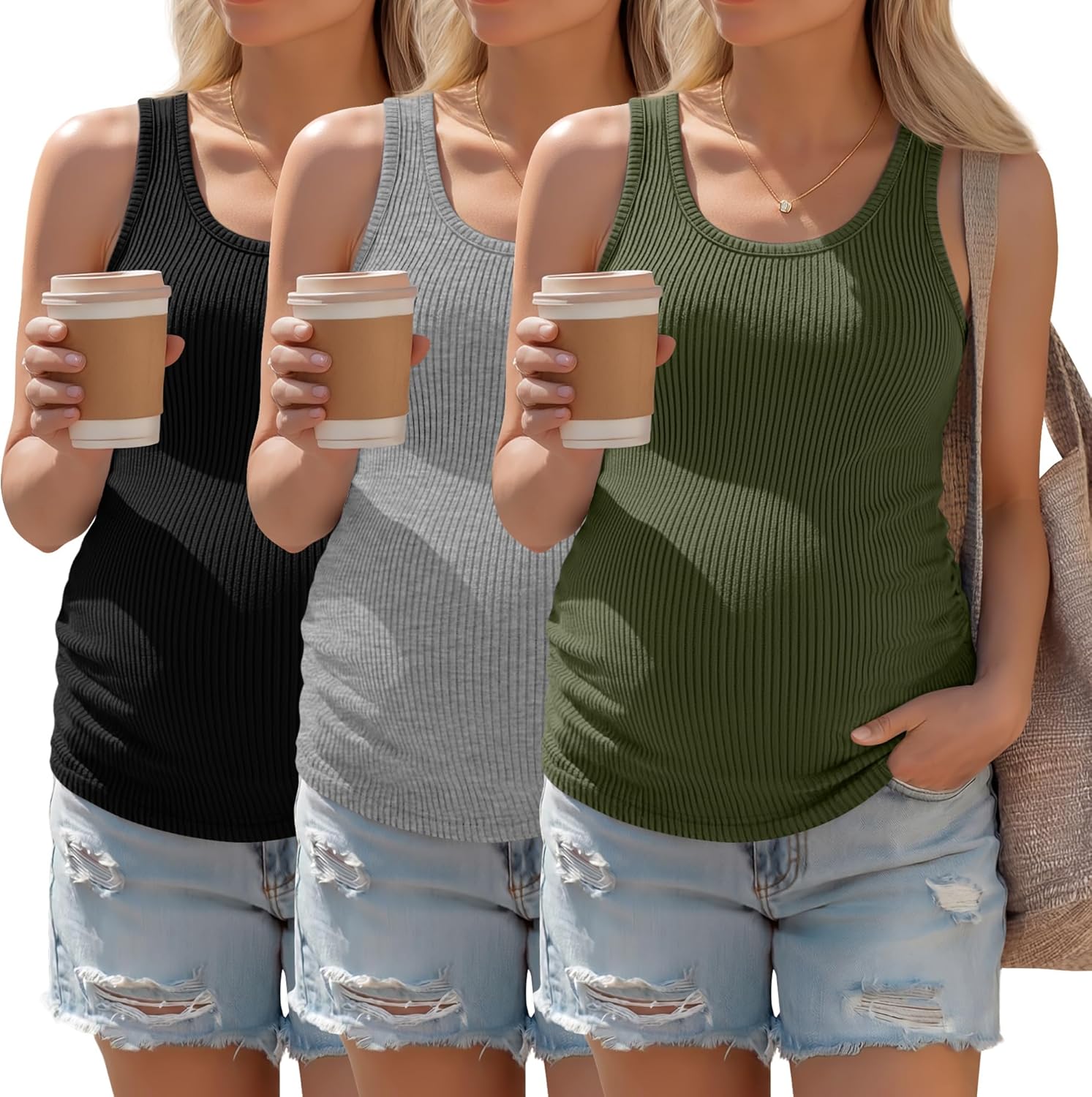 3 Pack Womens Maternity Tank Tops Ribbed Cotton Summer Pregnancy Shirts Sleeveless Racerback Ruched Side Clothes