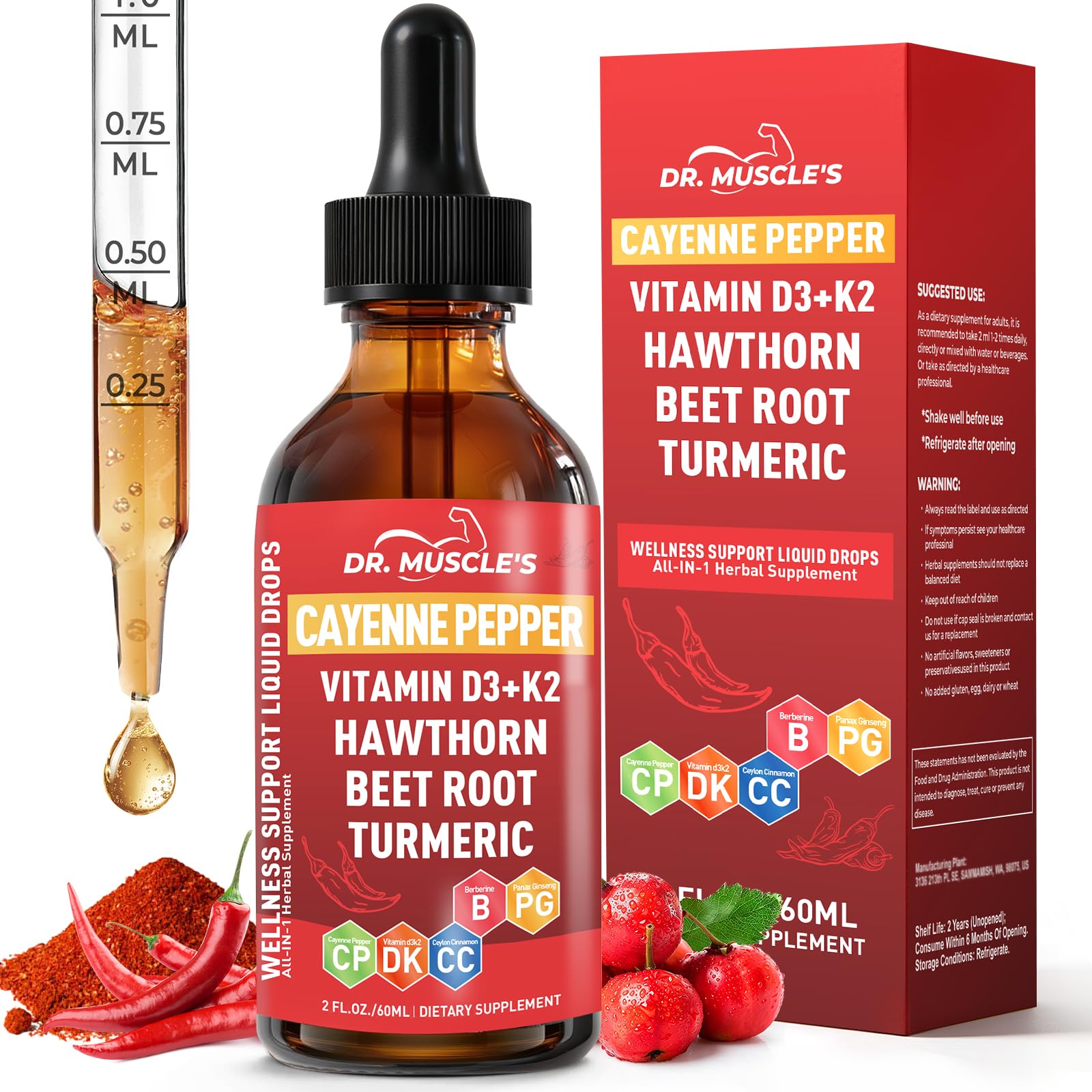DR. MUSCLE'S Suplemento em Gotas de Pimenta-Caiena com Espinheiro-branco, Beterraba, Canela-do-Ceilão, Berberina, Cúrcuma, Vitaminas D3 e K2 e Ginseng — 60 mL