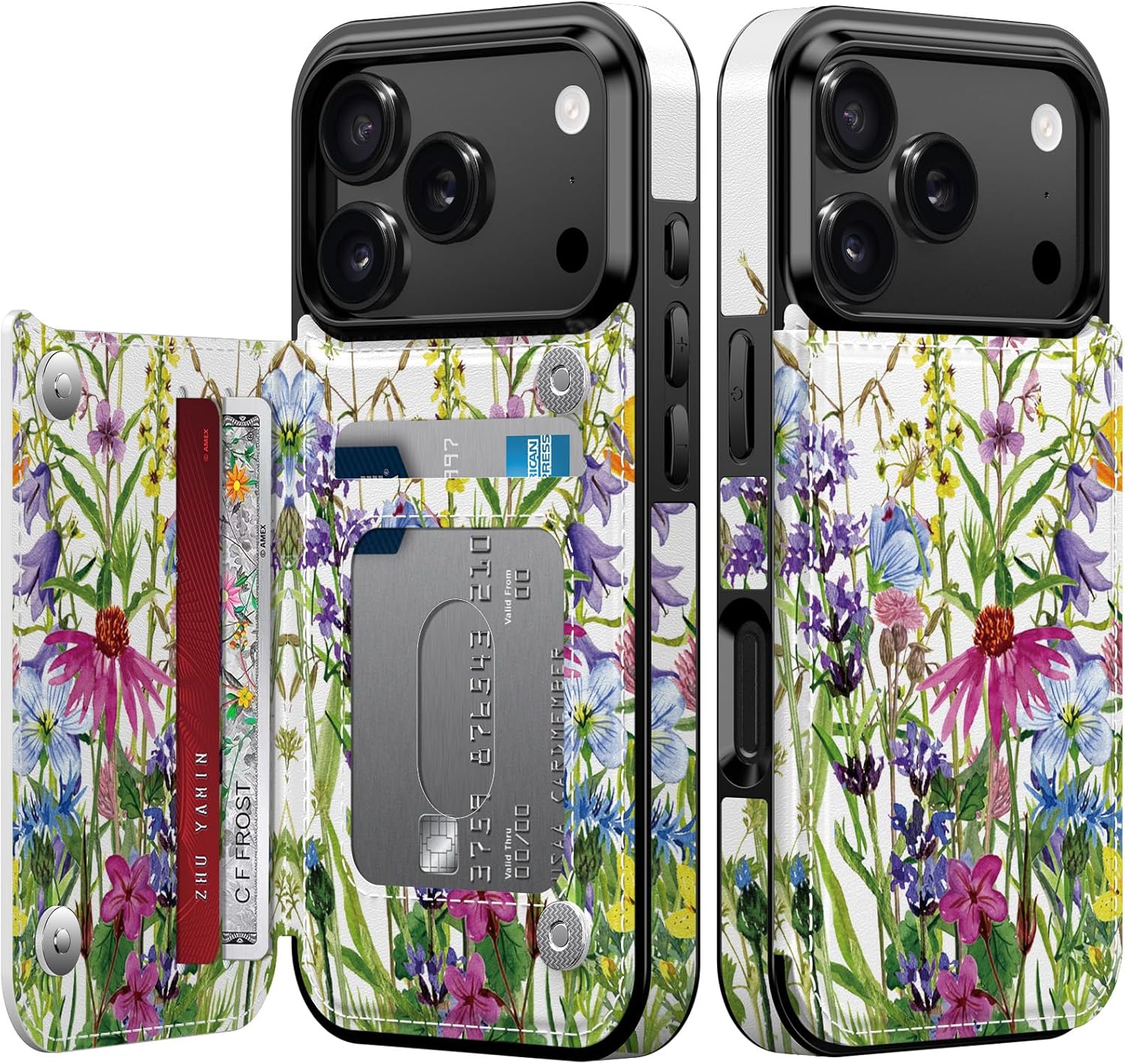 Goodon for iPhone 17 Pro Case Wallet - Flip Folio Leather Cover with Trendy Floral Design, 3 Card Slots & Kickstand Function, Stylish Protective Phone Case for Women and Girls - Blooming Wildflowers